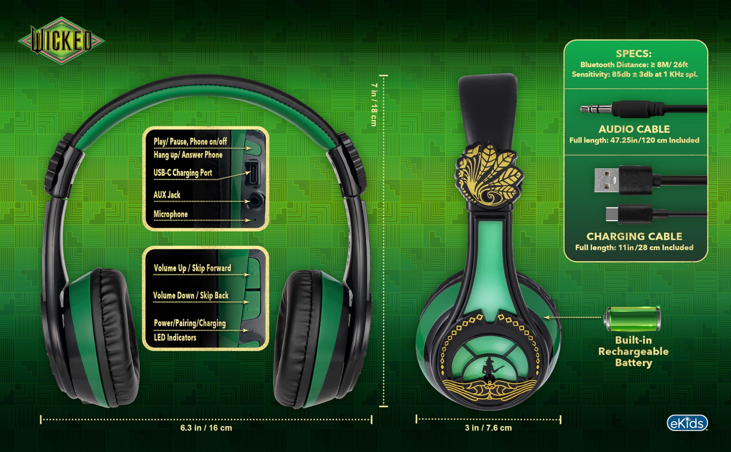 Foto 8 pulgar | Auriculares Bluetooth Ekids Wicked Elphaba Con Micrófono - Venta Internacional.