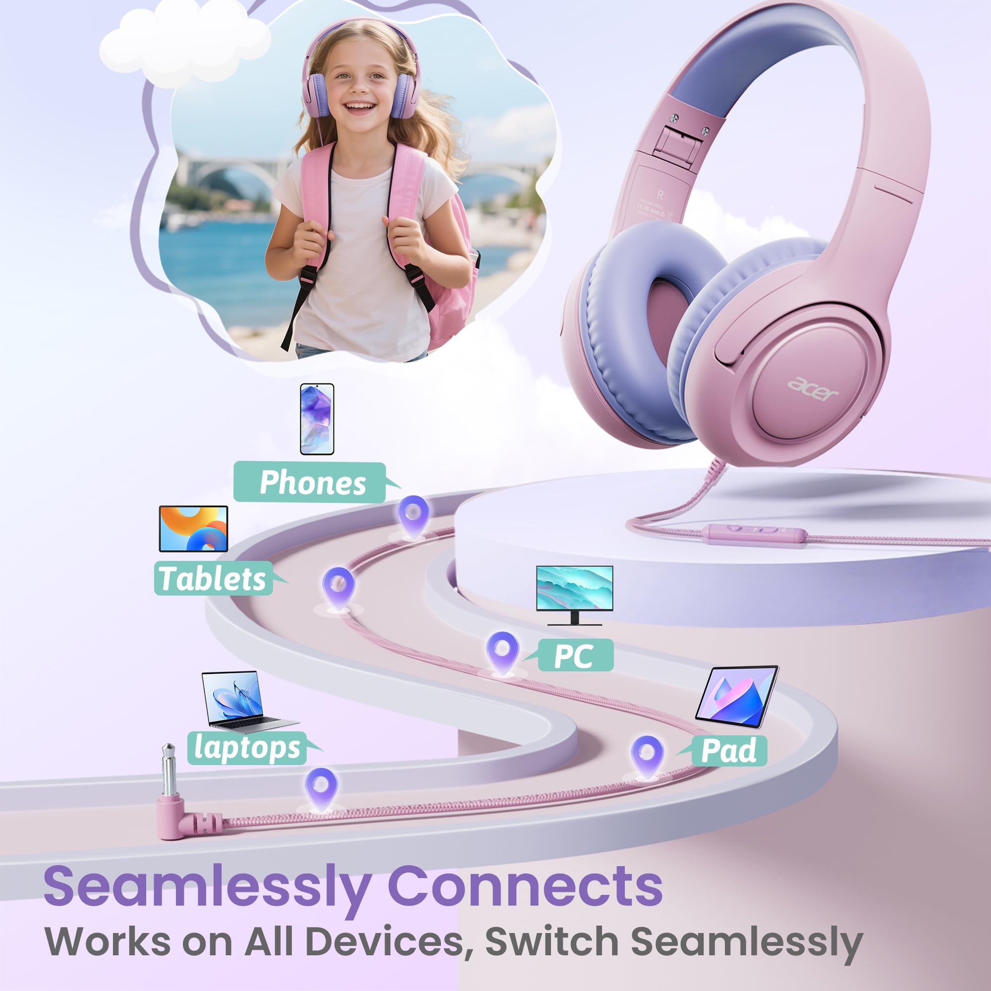 Foto 5 | Auriculares Acer Hk03 Kids Con Cable  Limitador De Volumen Para Colocar Sobre Las Orejas  85/94 Db - Venta Internaciona