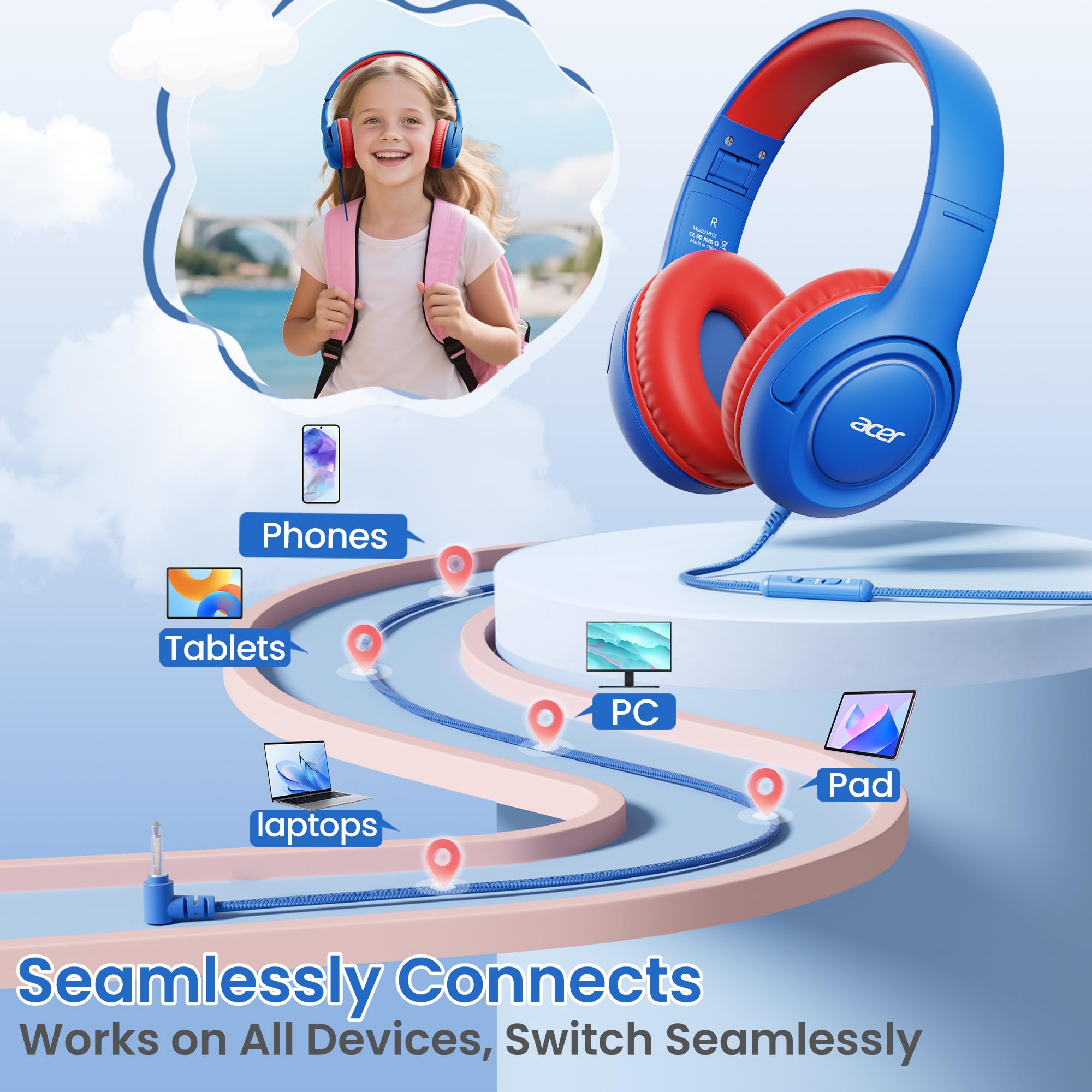 Foto 5 | Auriculares Acer Hk03 Kids Con Cable  Limitador De Volumen Para Colocar Sobre Las Orejas  85/94 Db - Venta Internaciona