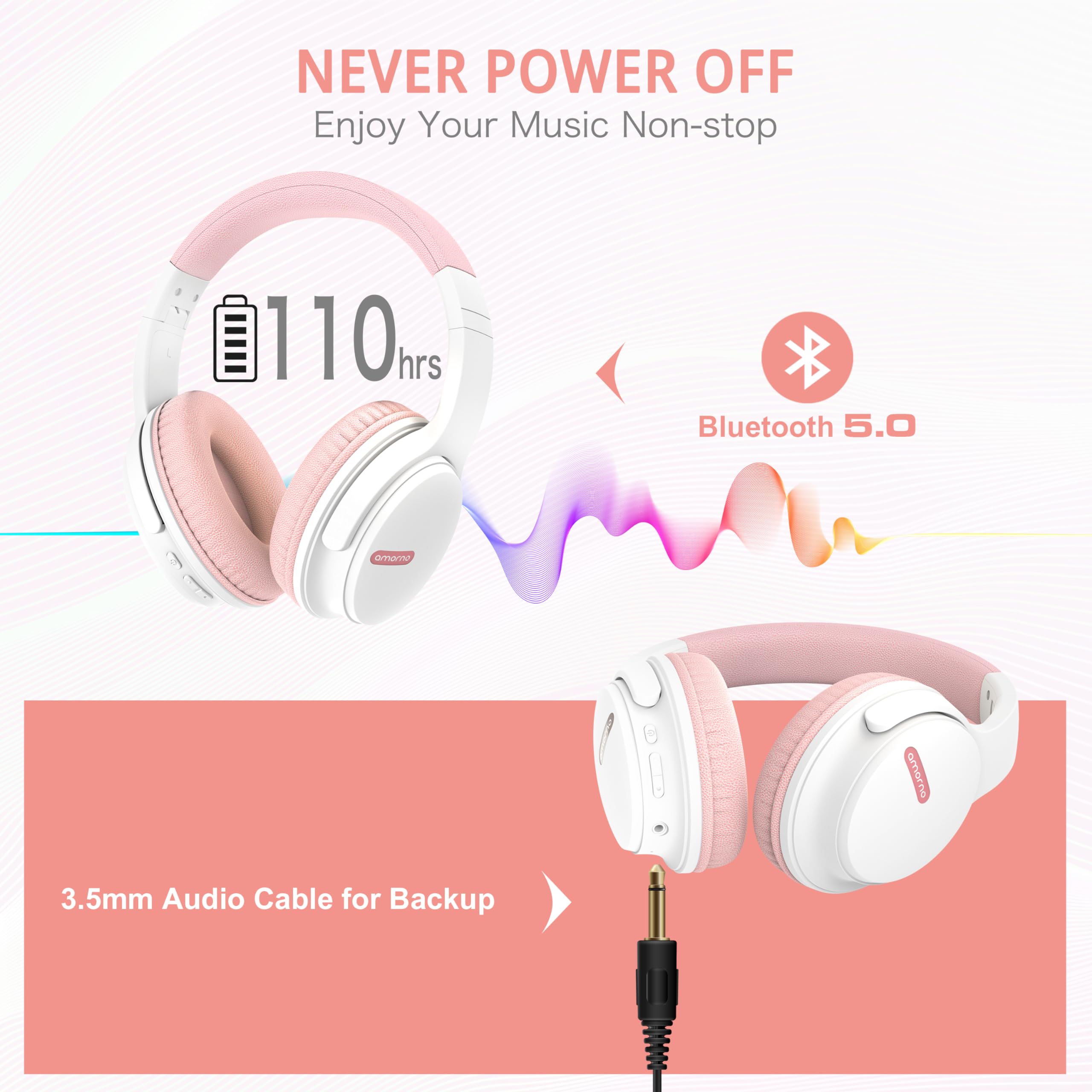 Foto 4 pulgar | Auriculares Bluetooth Amorno Over Ear  110 Horas De Reproducción  Color Rosa - Venta Internacional.