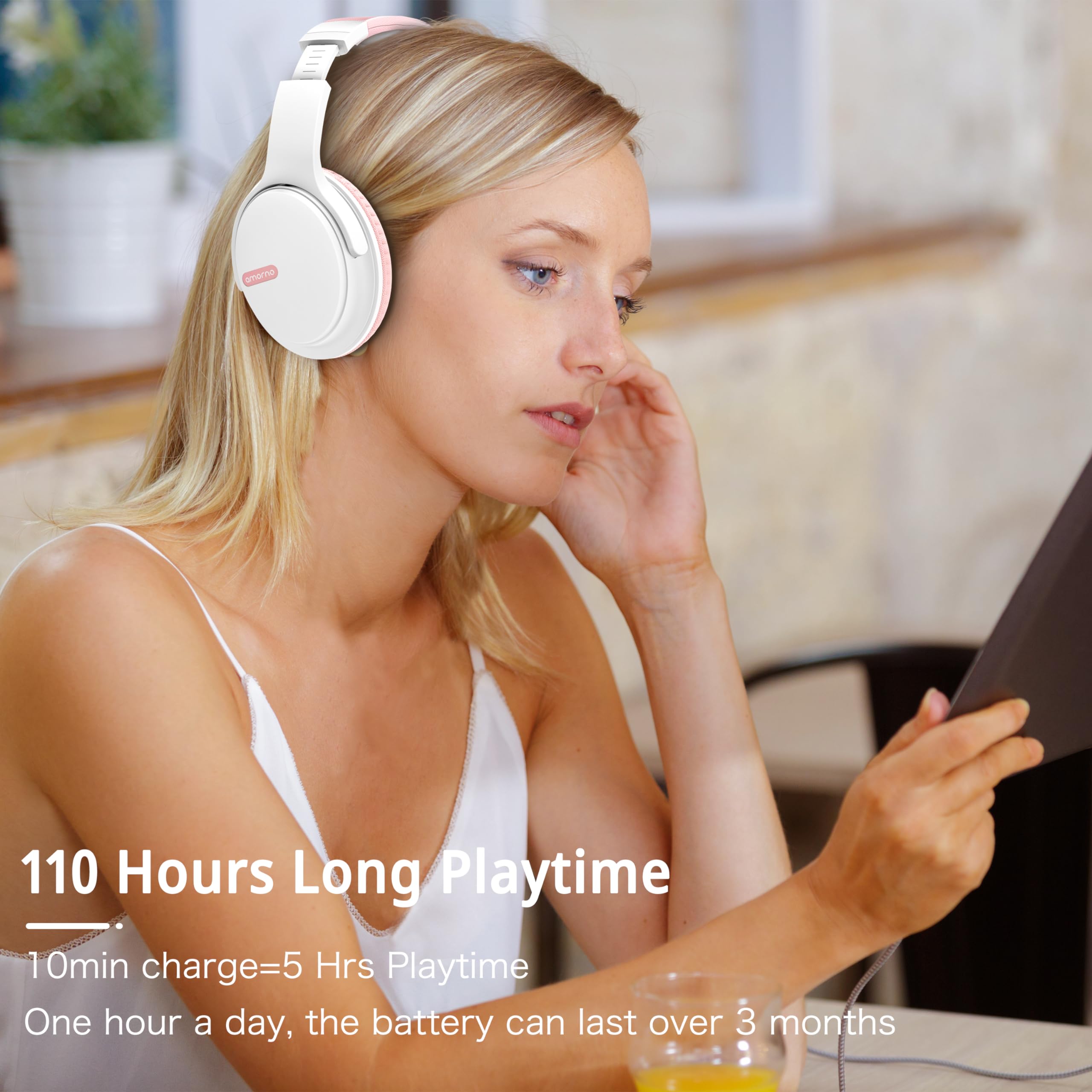 Foto 5 | Auriculares Bluetooth Amorno Over Ear  110 Horas De Reproducción  Color Rosa - Venta Internacional.