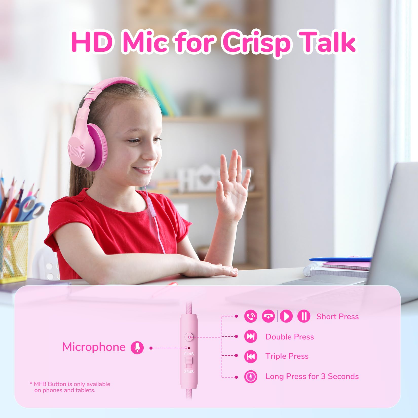 Foto 3 | Auriculares Earfun K3 Kids Over Ear Con Micrófono De 85/94 Db  Volumen  Color Rosa - Venta Internacional.
