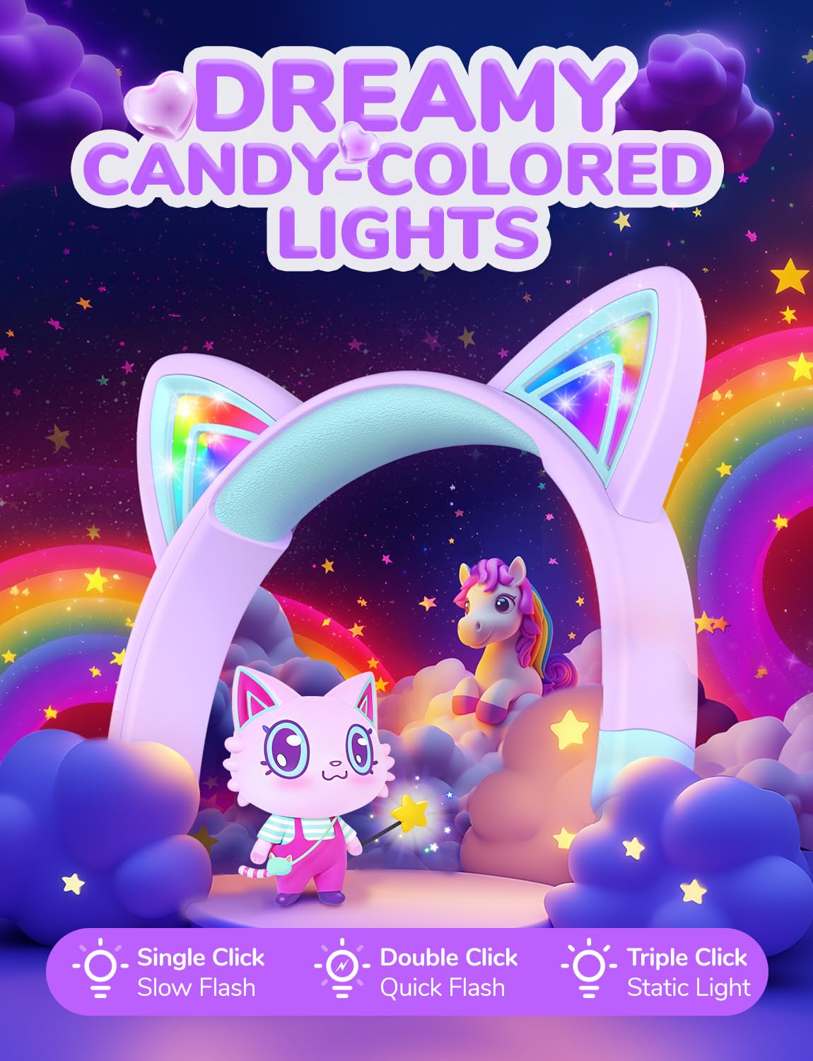 Foto 3 pulgar | Auriculares Para Niños Iclever Cat Ear Led Con Iluminación Led Inalámbrica  Color Morado - Venta Internacional.