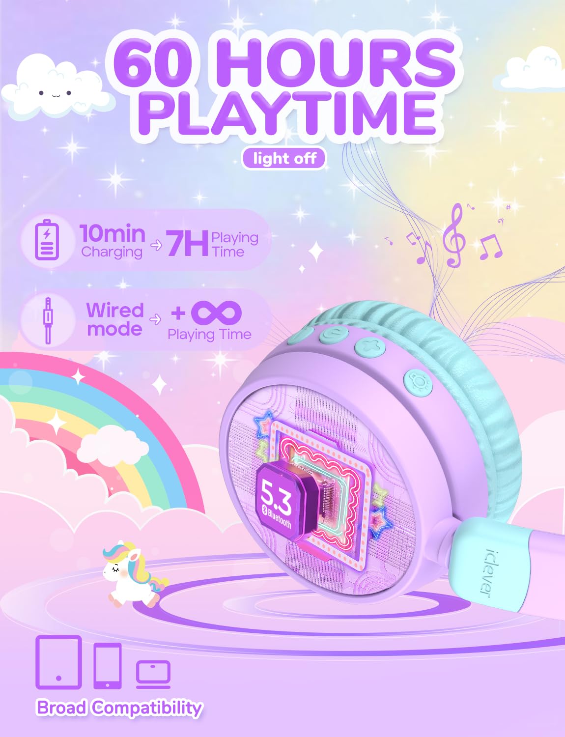 Foto 5 pulgar | Auriculares Para Niños Iclever Cat Ear Led Con Iluminación Led Inalámbrica  Color Morado - Venta Internacional.