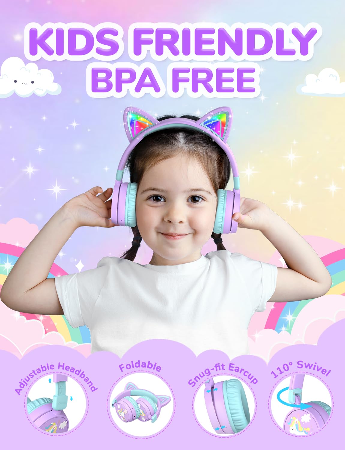 Foto 6 pulgar | Auriculares Para Niños Iclever Cat Ear Led Con Iluminación Led Inalámbrica  Color Morado - Venta Internacional.