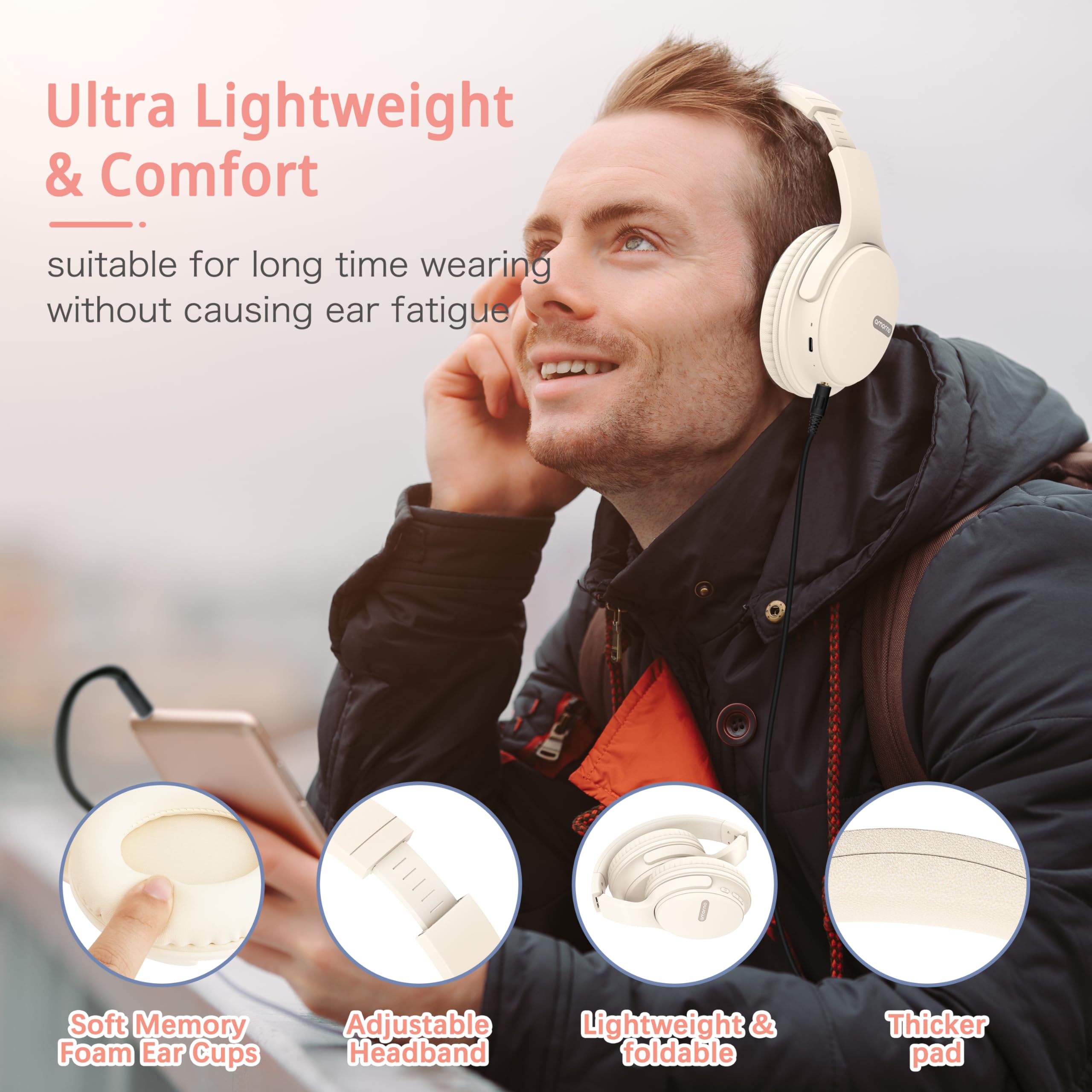 Foto 2 | Auriculares Bluetooth Amorno Over Ear De 68 Horas De Reproducción  Color Blanco - Venta Internacional.