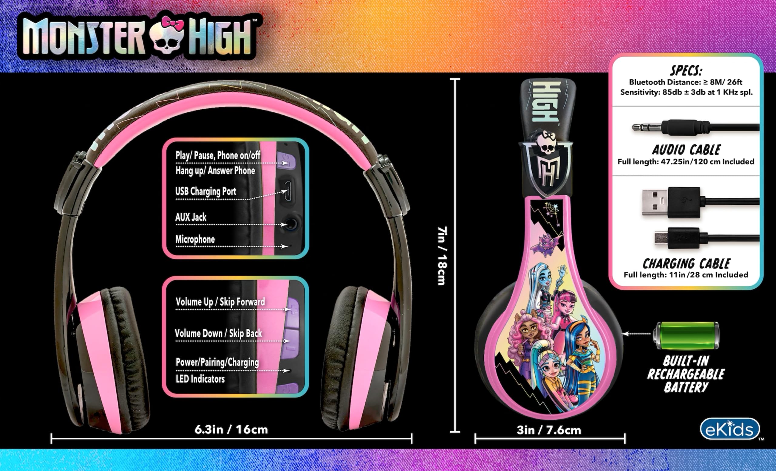 Foto 4 | Auriculares Inalámbricos Ekids Monster High Con Micrófono - Venta Internacional.