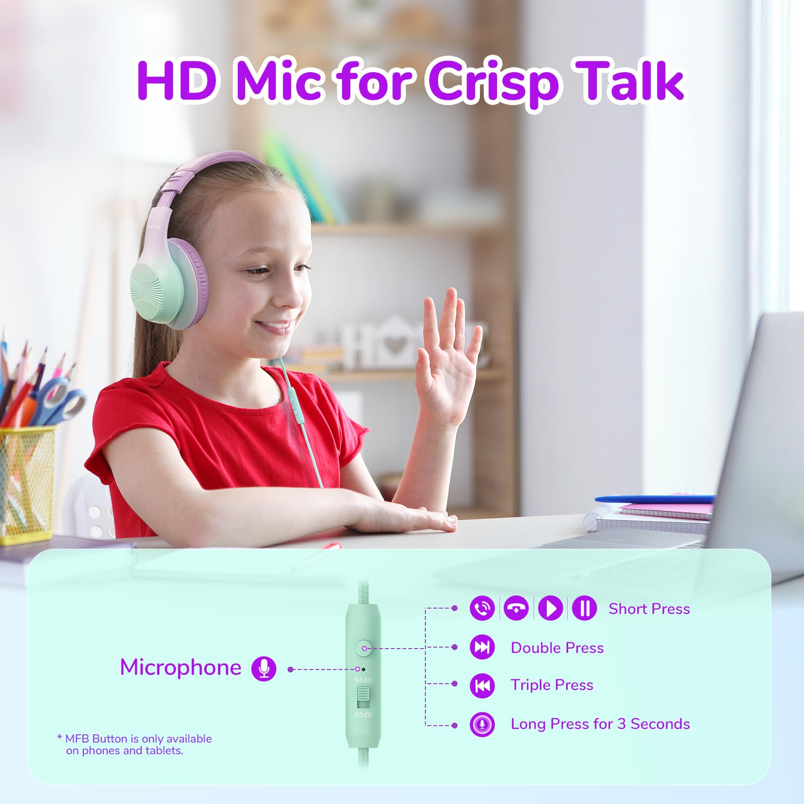 Foto 4 pulgar | Auriculares Earfun K3 Kids Over Ear Con Micrófono 85/94db Violet - Venta Internacional.