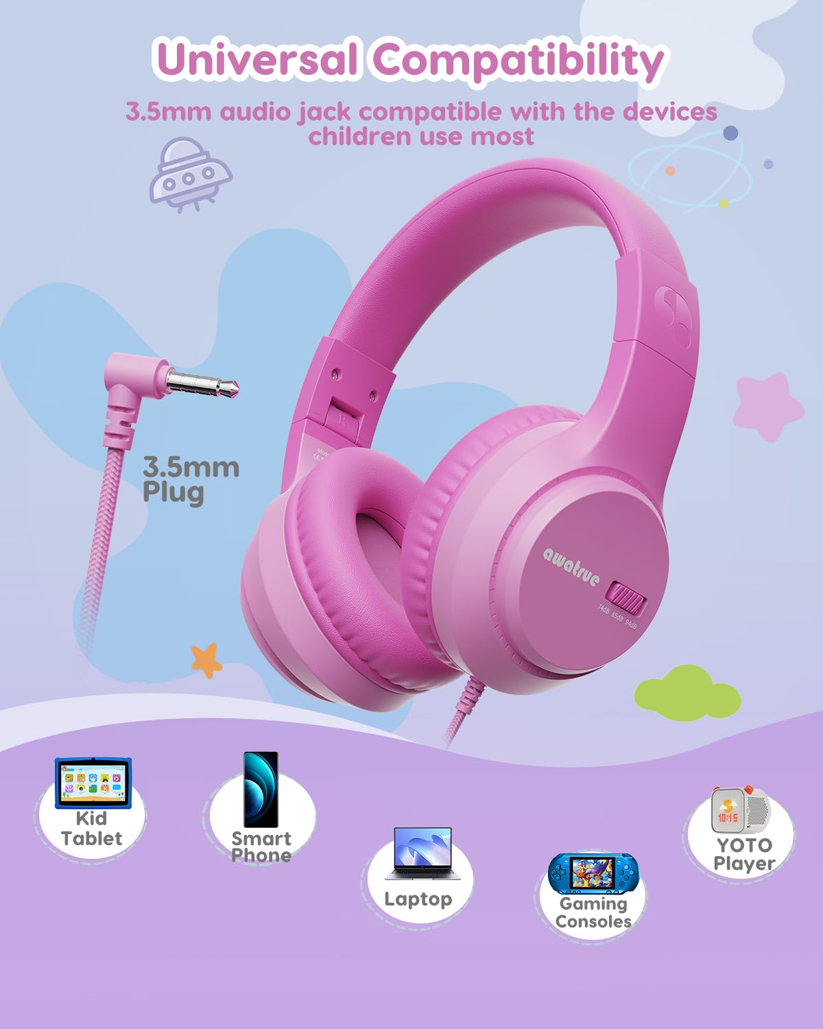Foto 7 pulgar | Auriculares Supraaurales Awatrue Kids Con Cable Con Límite De Volumen De 74/85/94 Db - Venta Internacional.