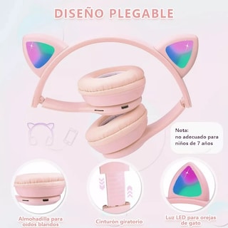 Foto 4 | Audífonos de Diadema BELUG Orejas de Gato Bluetooth 5.1 LED Rosa