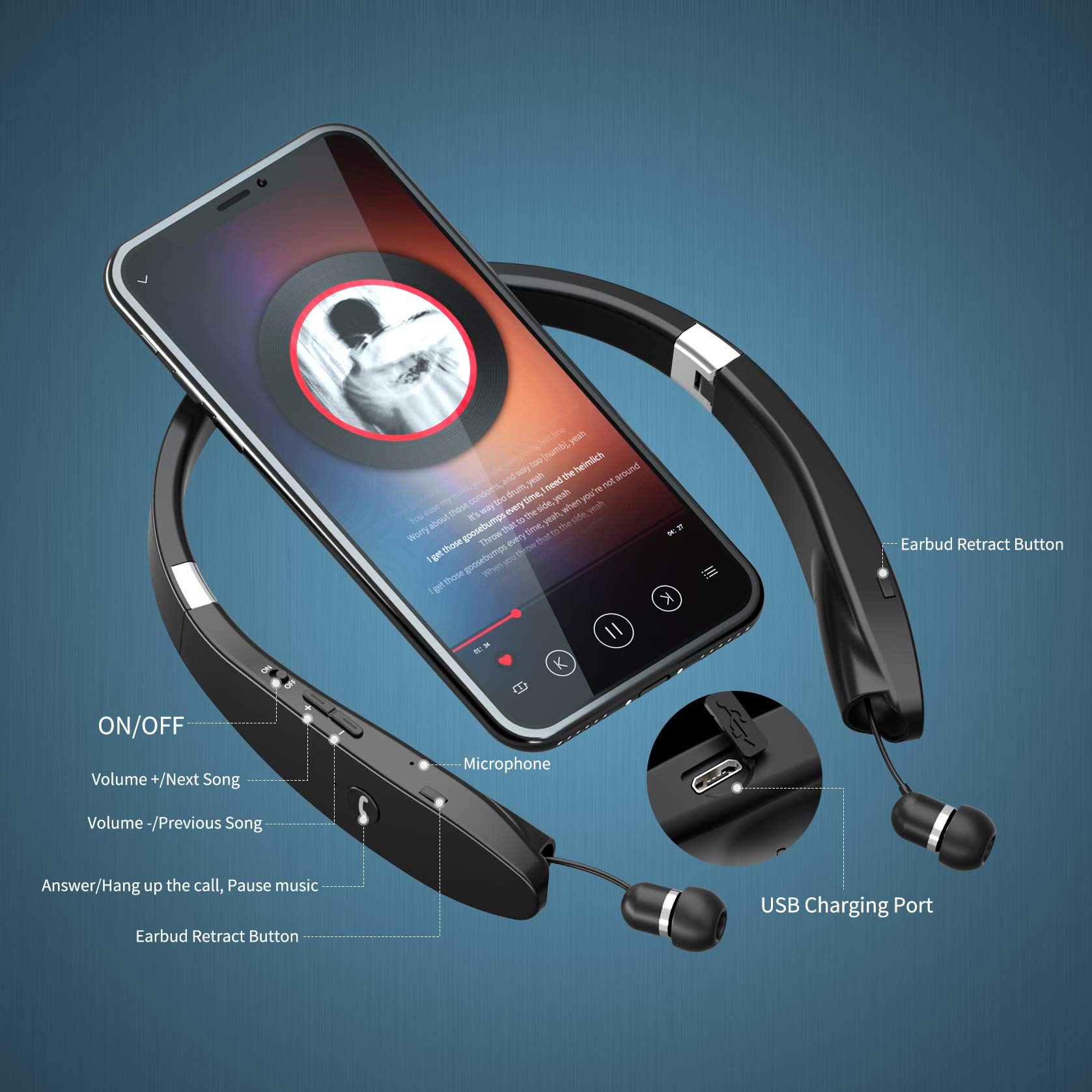 Foto 2 | Auriculares Bluetooth Amorno Banda Plegable para el Cuello con Micrófono Retráctil - Venta Internacional