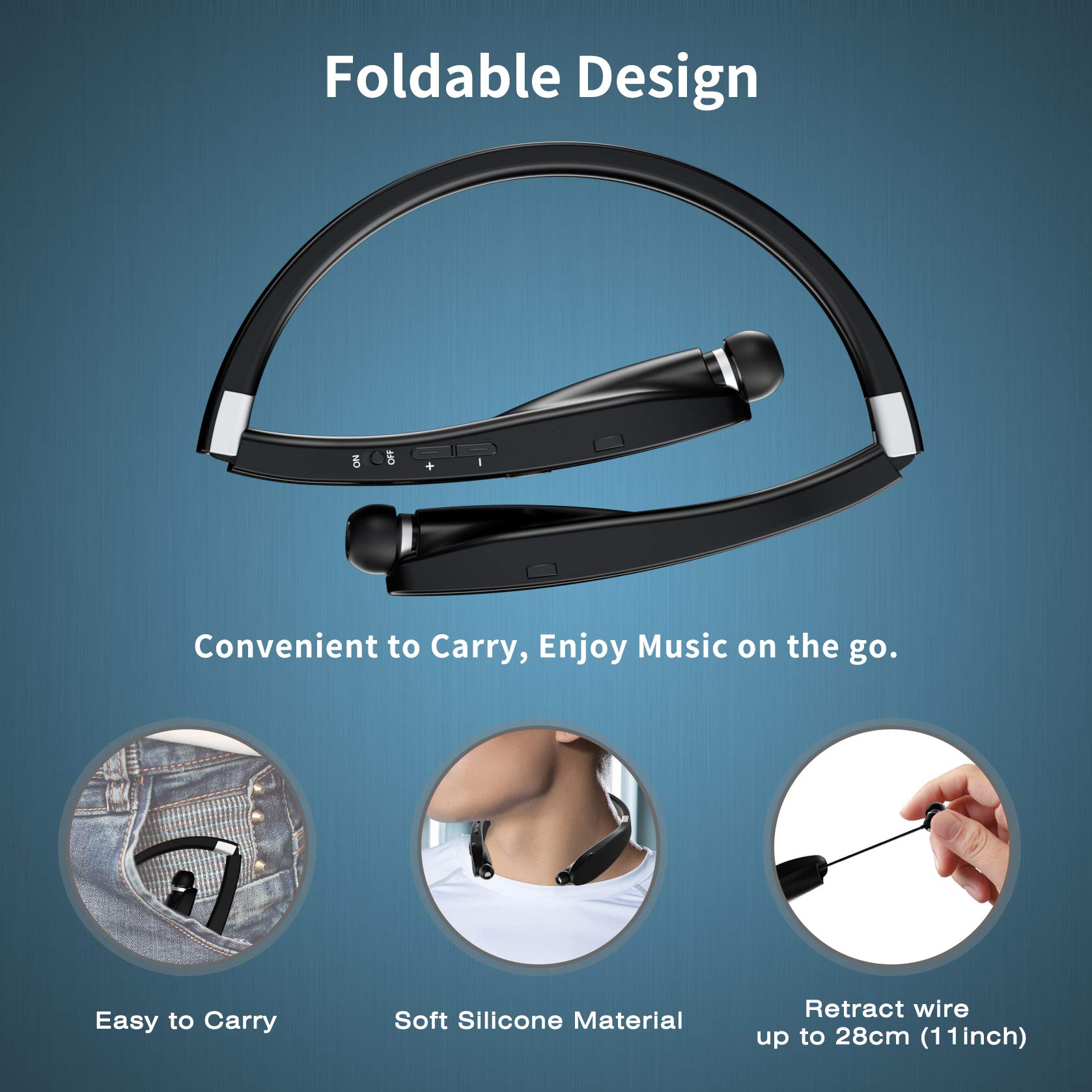 Foto 4 | Auriculares Bluetooth Amorno Banda Plegable para el Cuello con Micrófono Retráctil - Venta Internacional