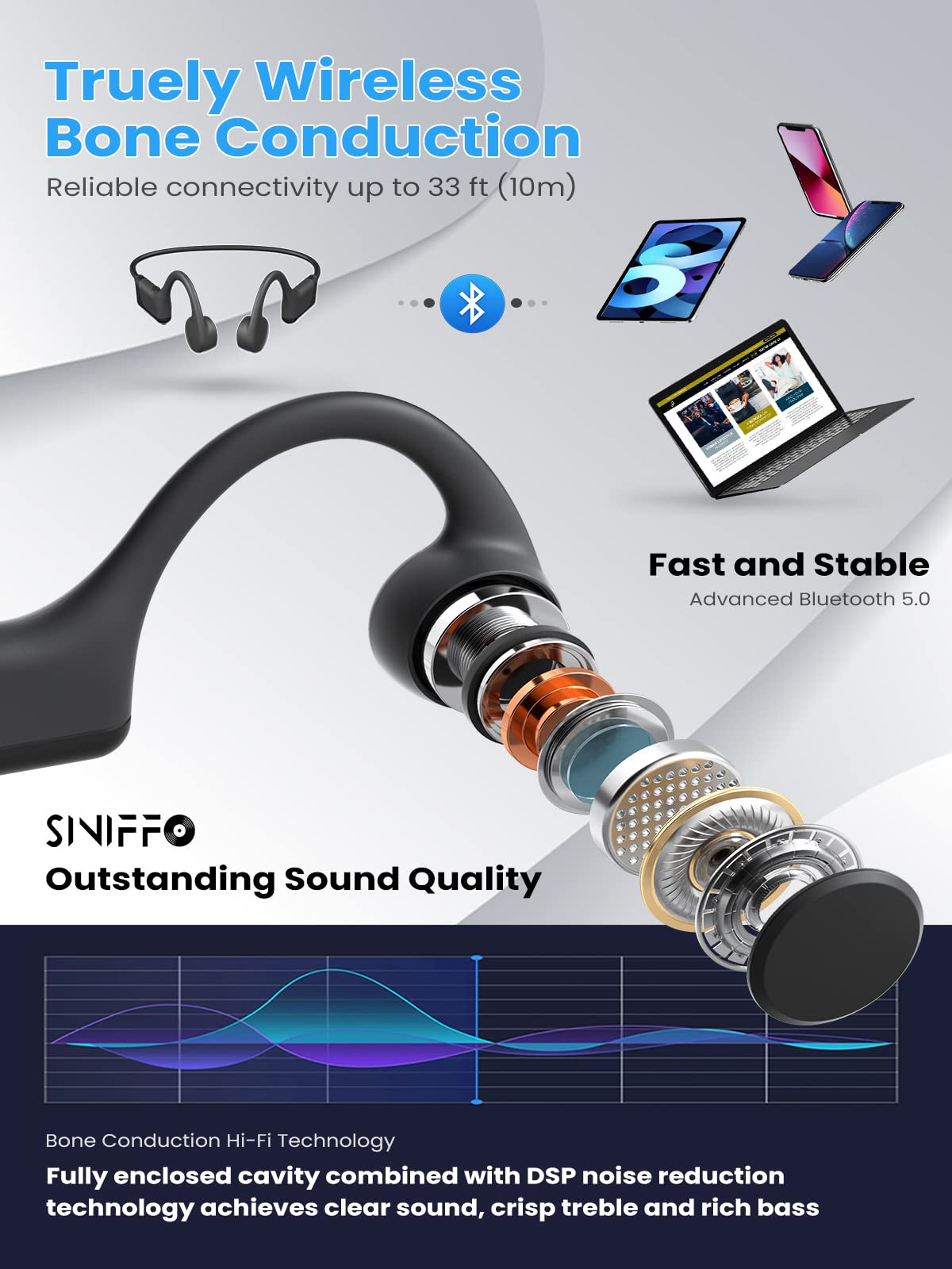 Foto 7 pulgar | Auriculares de Conducción Ósea Siniffo 2023 Upgrade Negros - Venta Internacional