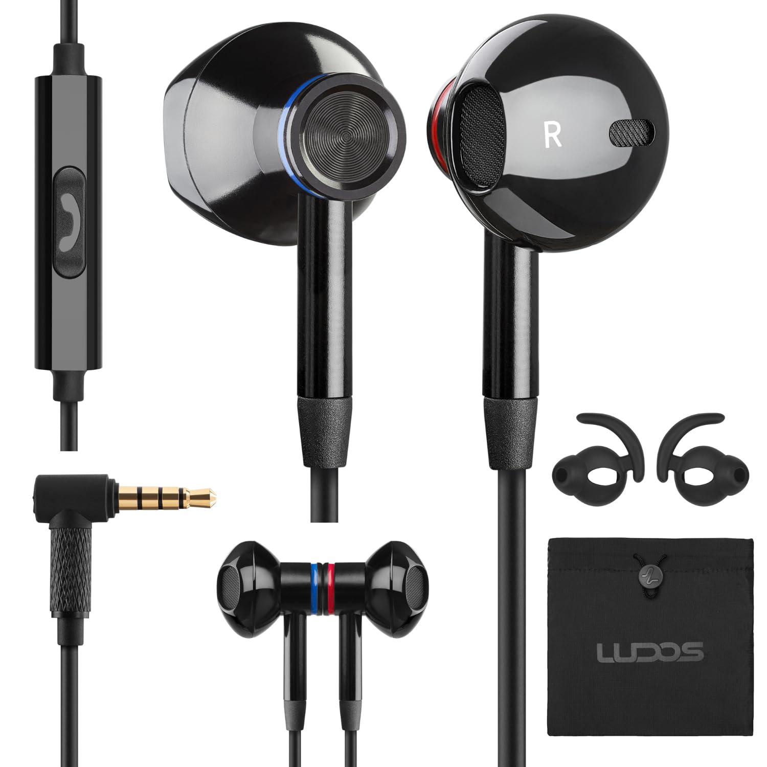 Auriculares Alámbricos Ludos Nova Negros con Micrófono 3,5 mm para iPhone - Venta Internacional