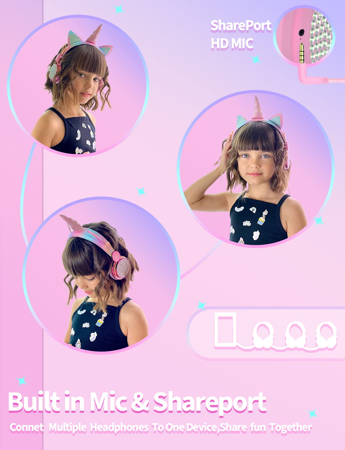 Foto 5 pulgar | Auriculares Charlxee Kids Unicorns Con Micrófono, Volumen Limitado 95d - Venta Internacional.