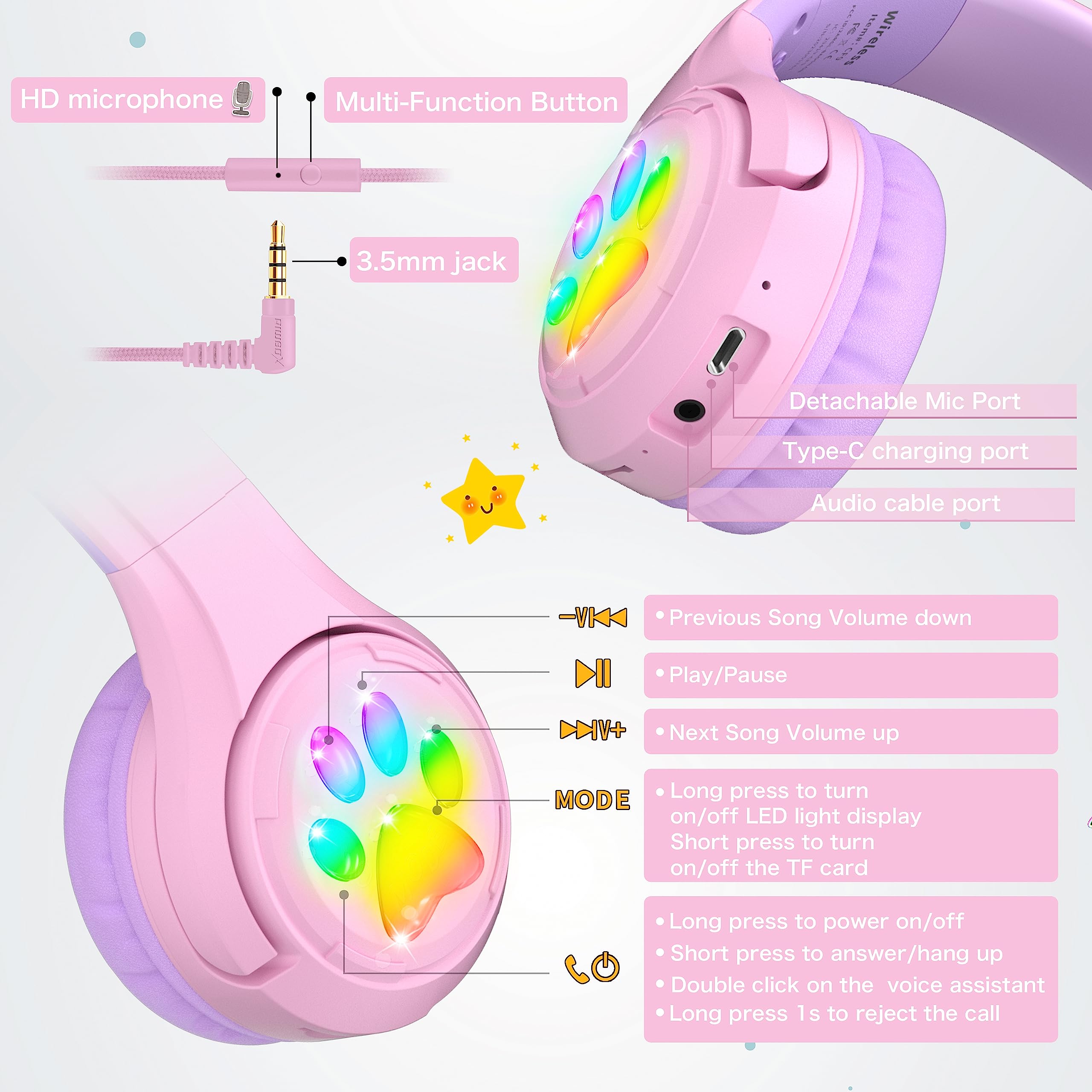 Foto 6 pulgar | Auriculares Bluetooth Riwbox Cf9 Cat Ear Kids Con Iluminación Led - Venta Internacional.