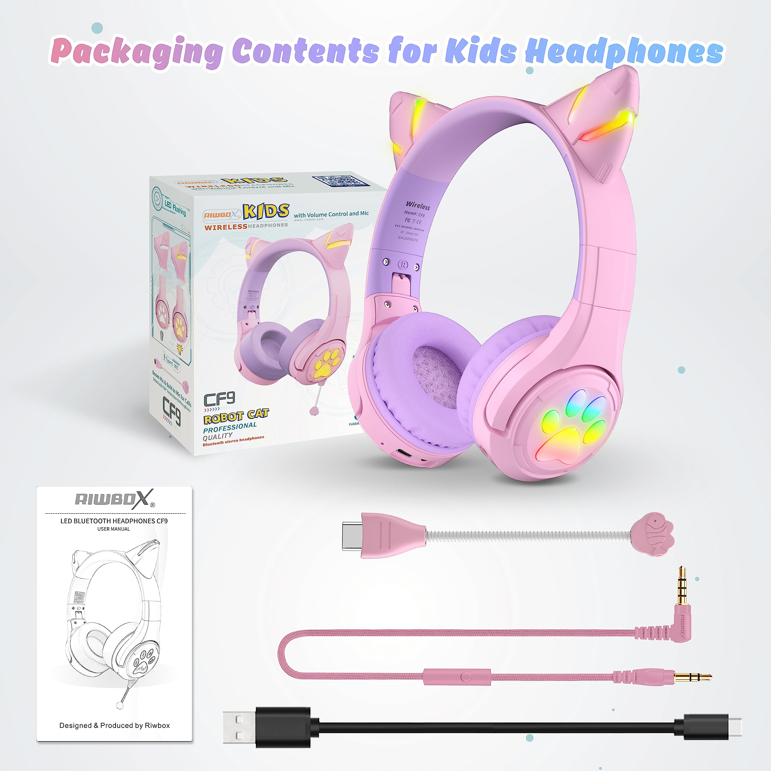 Foto 8 pulgar | Auriculares Bluetooth Riwbox Cf9 Cat Ear Kids Con Iluminación Led - Venta Internacional.
