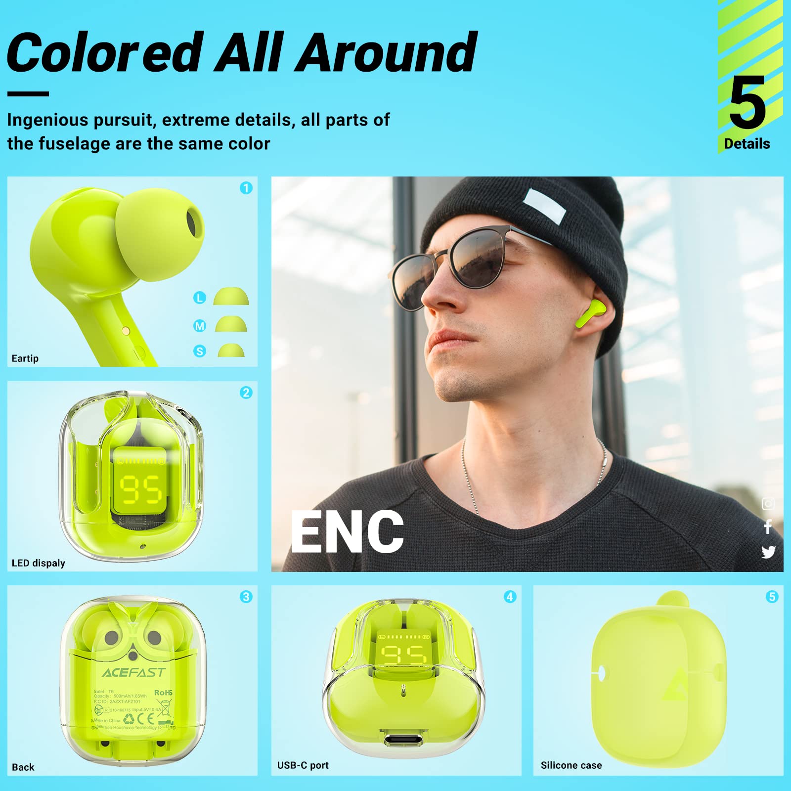 Foto 8 pulgar | Auriculares Inalámbricos Acefast T6 Bluetooth Con Cancelación De Ruido Enc - Venta Internacional.