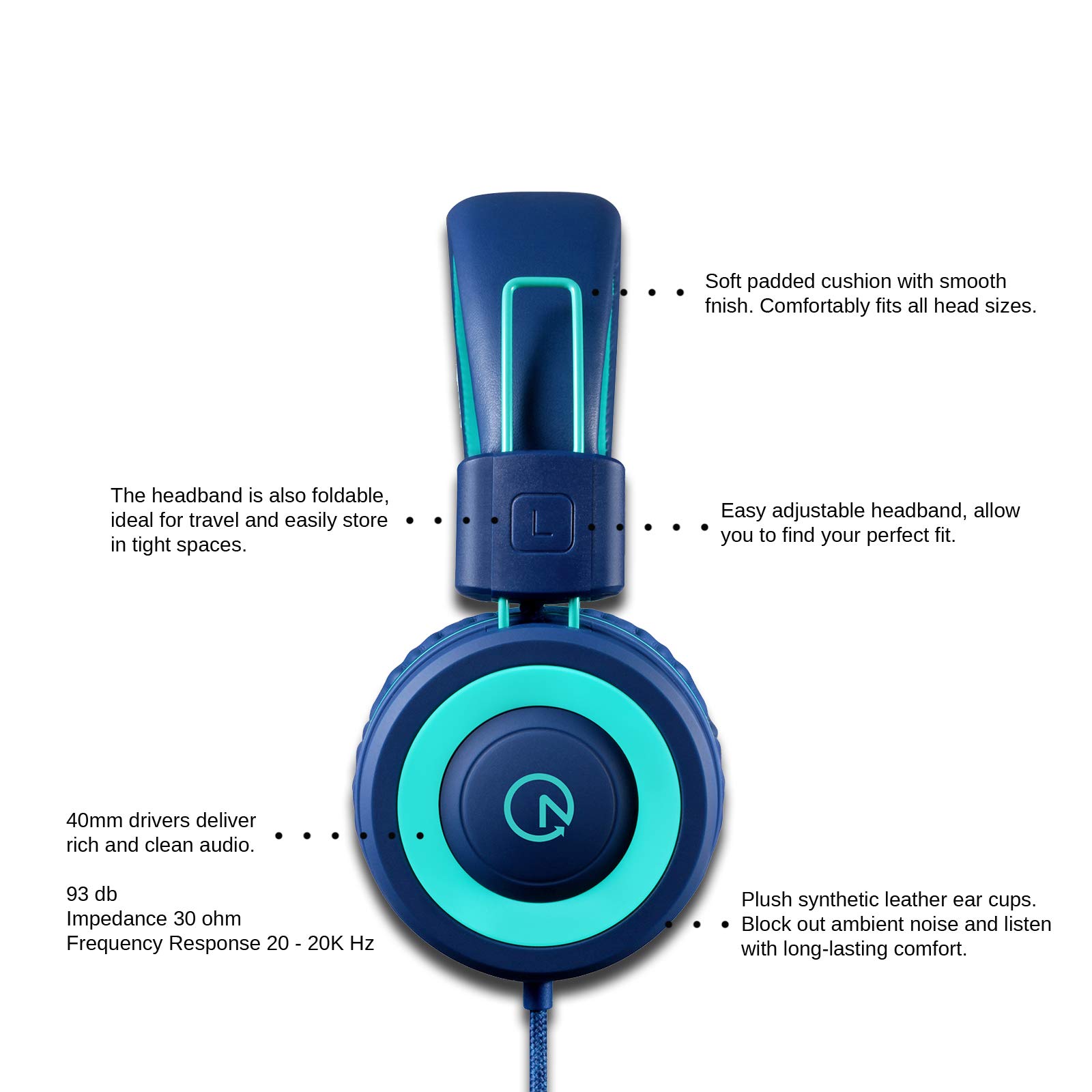 Foto 4 pulgar | Auriculares Noot Products K11 Estéreo Plegables Para Niños, Azul Marino Y Verde Azulado - Venta Internacional.