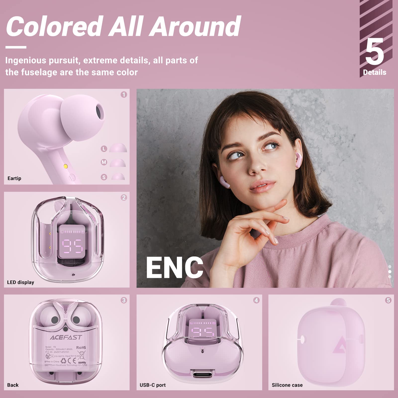 Foto 5 pulgar | Auriculares Inalámbricos Acefast T6 Bluetooth Con Enc Pink Con Funda - Venta Internacional.