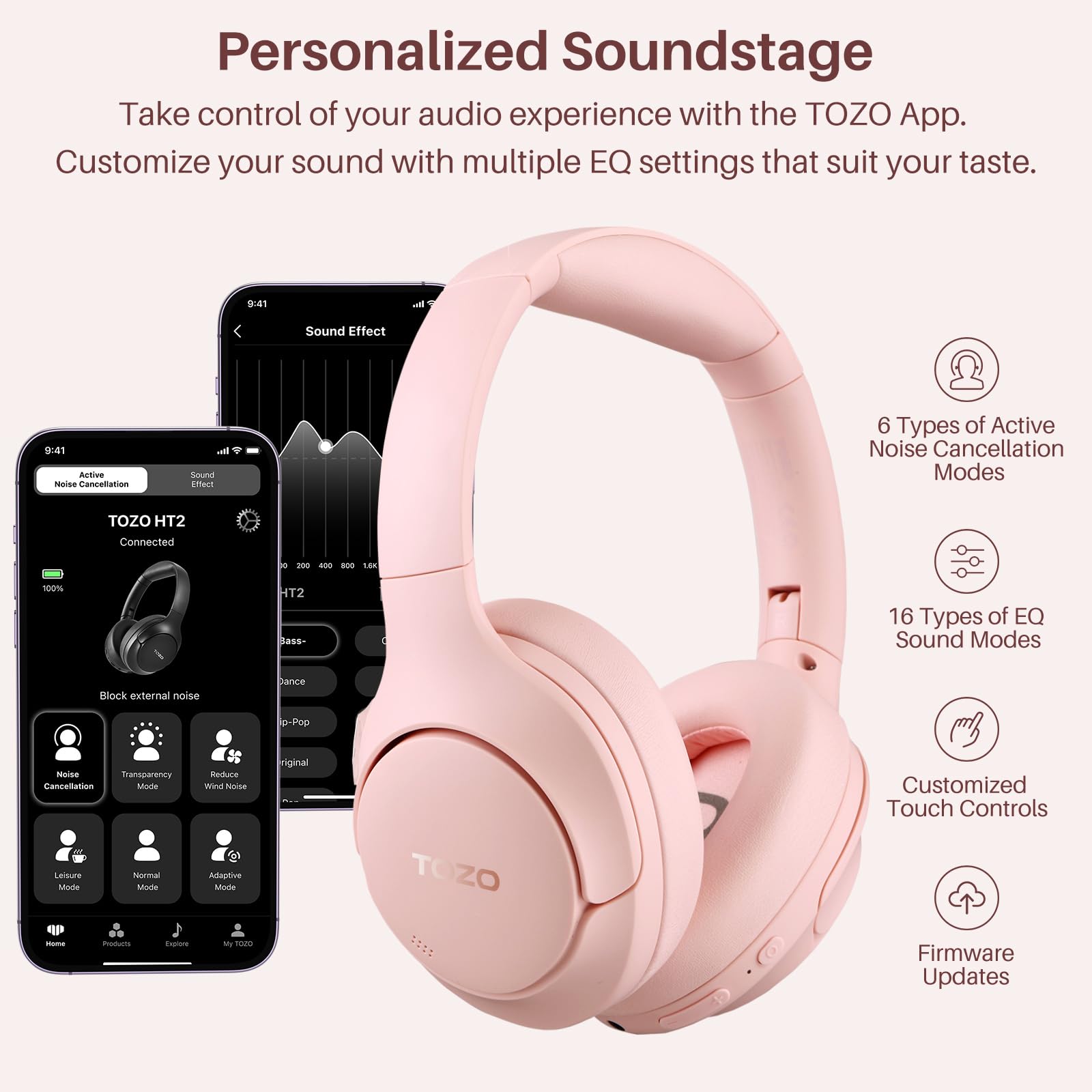 Foto 5 pulgar | Auriculares Tozo HT2 Hybrid Rosas con Cancelación Activa de Ruido - Venta Internacional