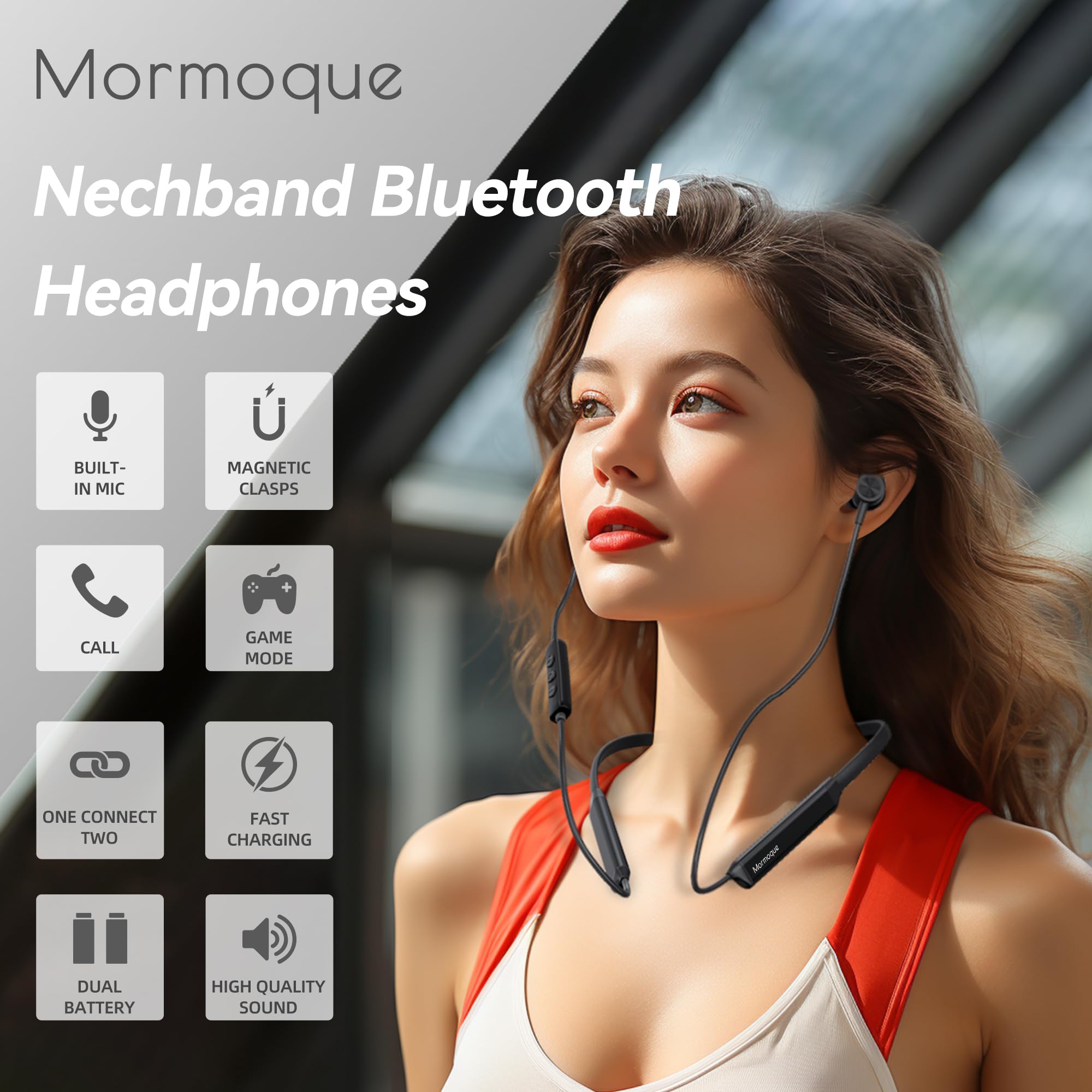 Foto 7 | Auriculares Bluetooth con Banda para Cuello Mormoque V5.3 con Micrófono - Venta Internacional