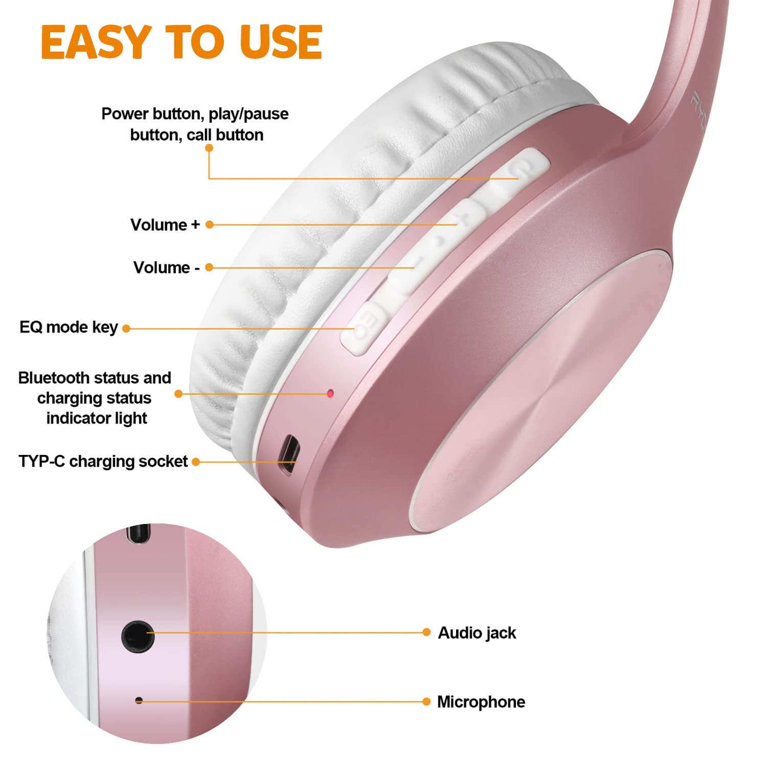 Foto 7 pulgar | Auriculares Rydohi Over Ear 68h con Bluetooth Playtime Oro Rosa - Venta Internacional