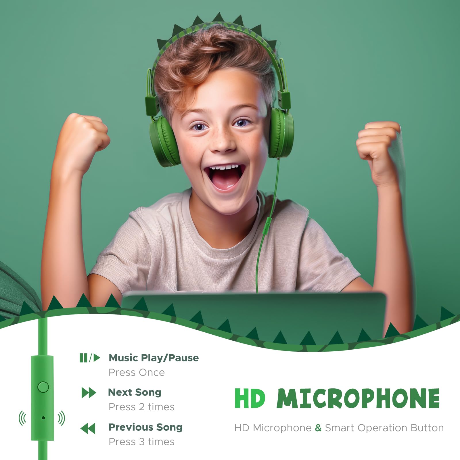 Foto 5 pulgar | Auriculares Qearfun Dinosaur con Micrófono Verde - Venta Internacional