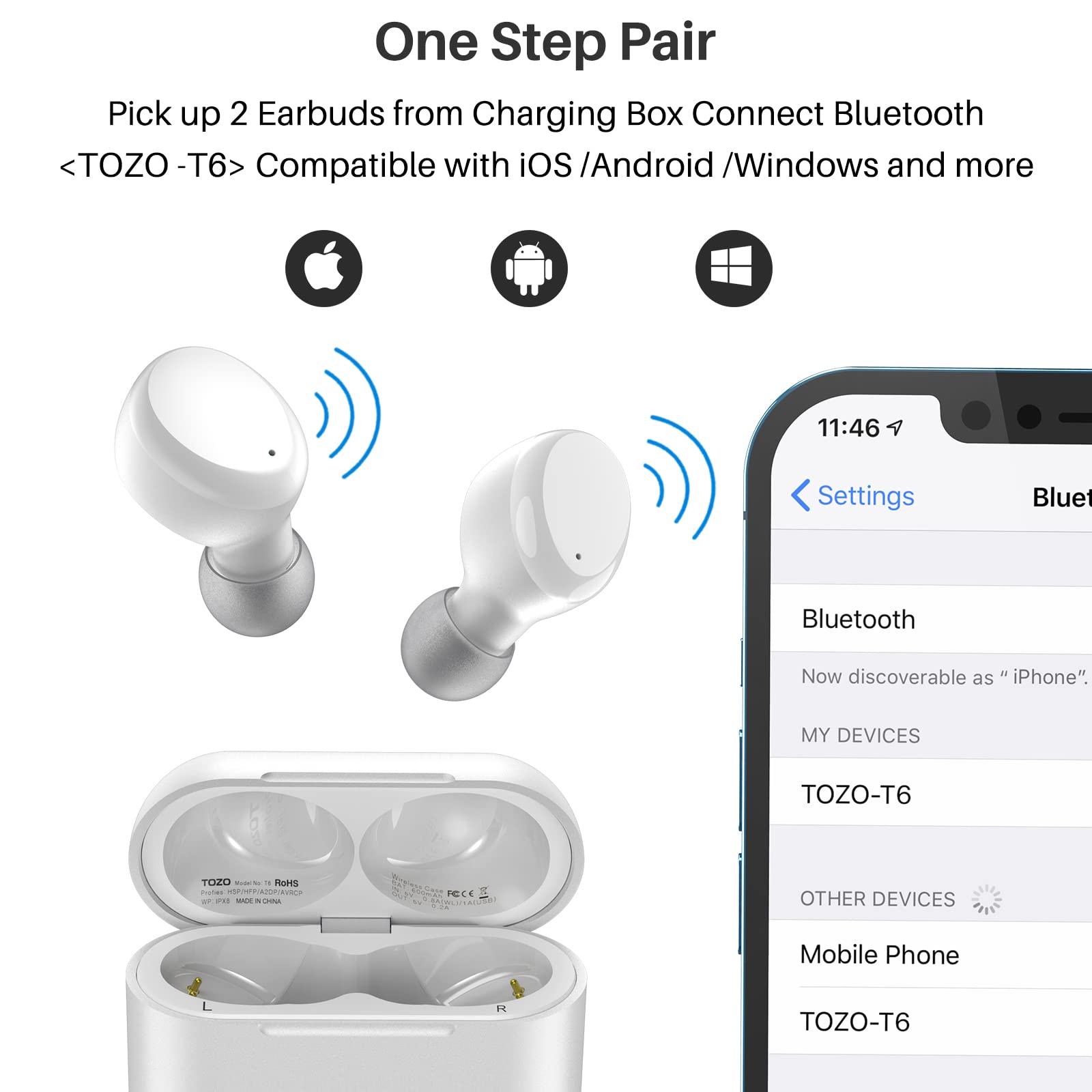 Foto 5 pulgar | Auriculares Inalámbricos Tozo T6 Bluetooth 5.3 con Funda Inalámbrica Blanca - Venta Internacional