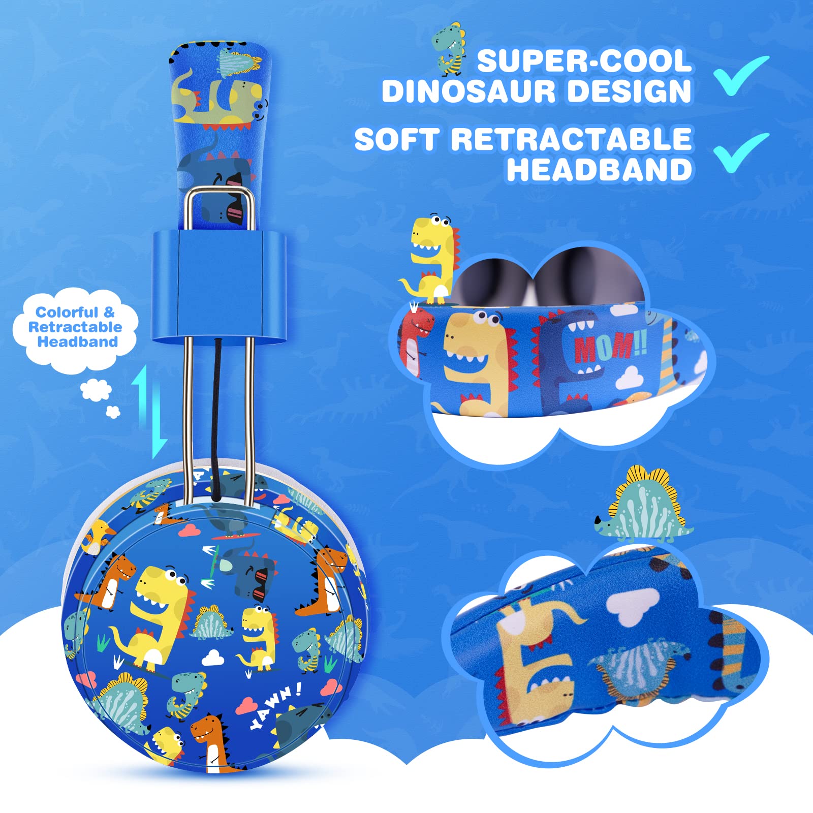 Foto 3 pulgar | Auriculares Qearfun Dinosaur con Micrófono Azul - Venta Internacional