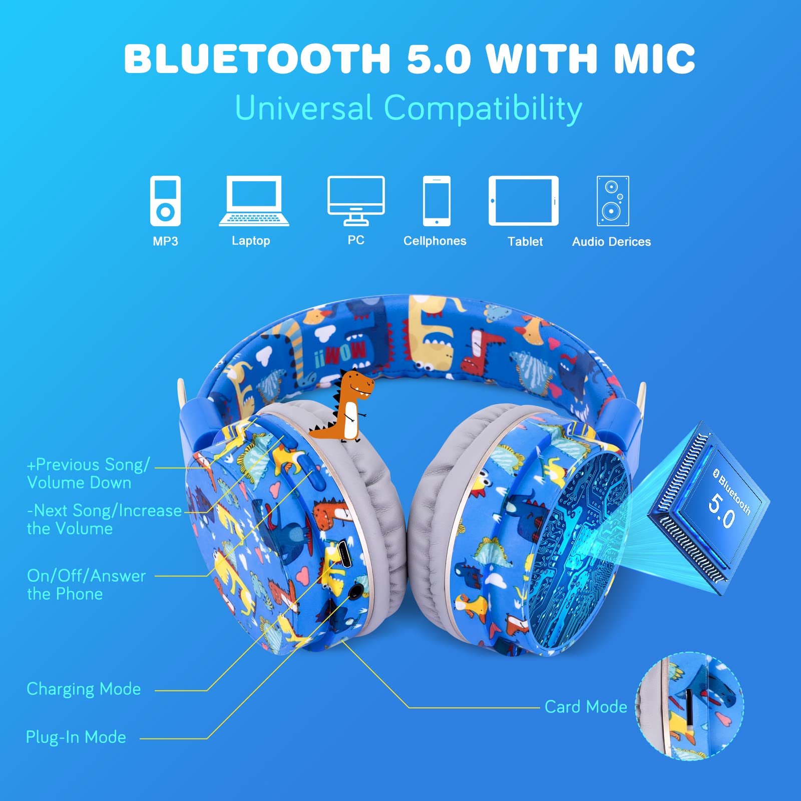 Foto 4 pulgar | Auriculares Qearfun Dinosaur con Micrófono Azul - Venta Internacional