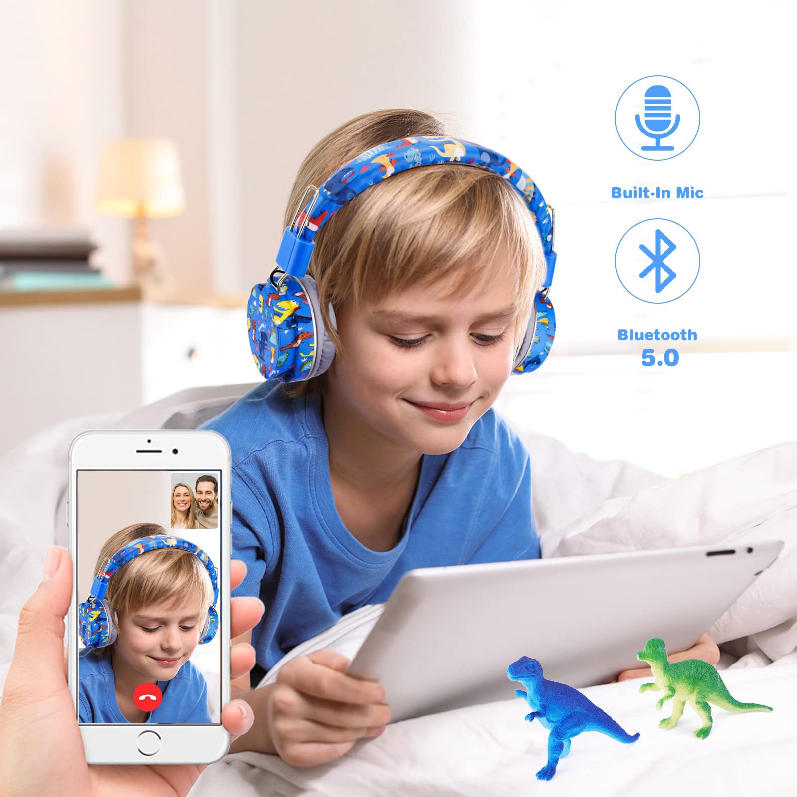 Foto 5 pulgar | Auriculares Qearfun Dinosaur con Micrófono Azul - Venta Internacional