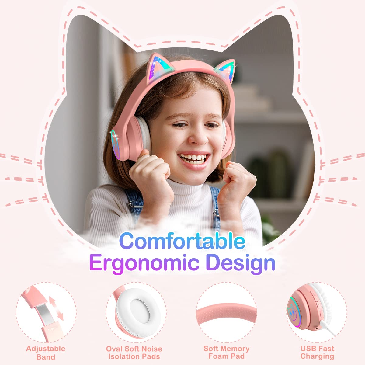Foto 3 pulgar | Auriculares Lobkin Bluetooth 5.3 ara Niños con Funda Led Rgb Rosa - Venta Internacional