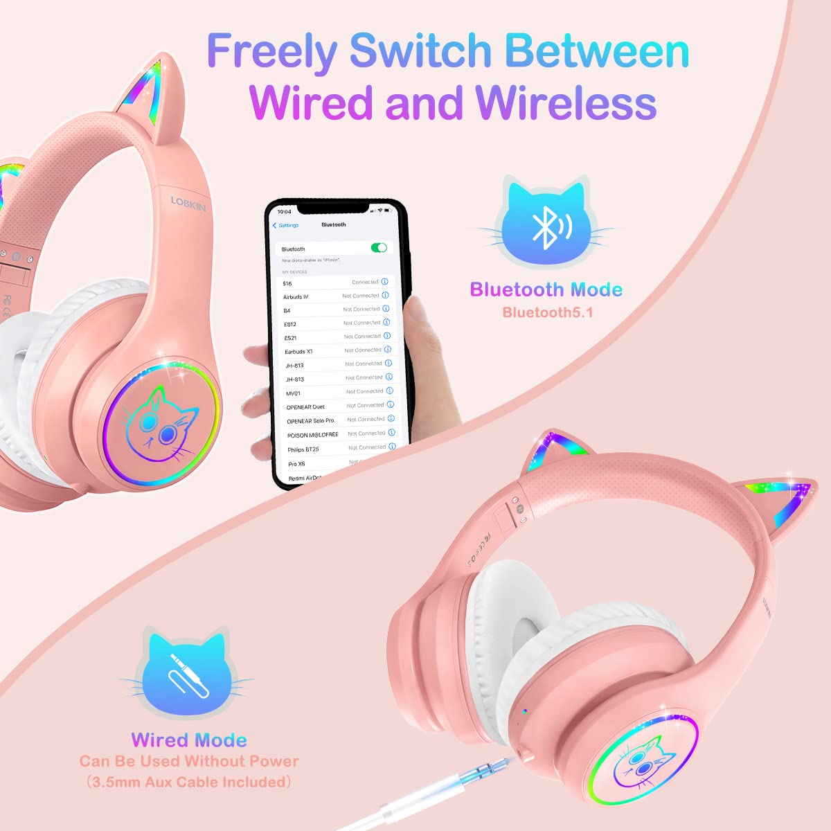 Foto 4 pulgar | Auriculares Lobkin Bluetooth 5.3 ara Niños con Funda Led Rgb Rosa - Venta Internacional