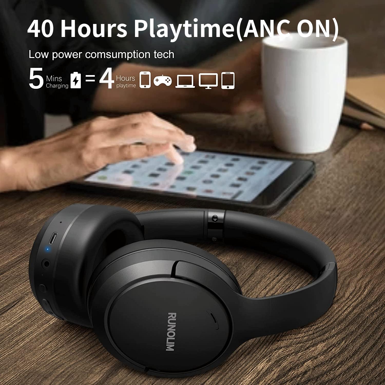 Foto 4 pulgar | Auriculares Runolim Hybrid con Cancelación Activa de Ruido 65h Playti - Venta Internacional