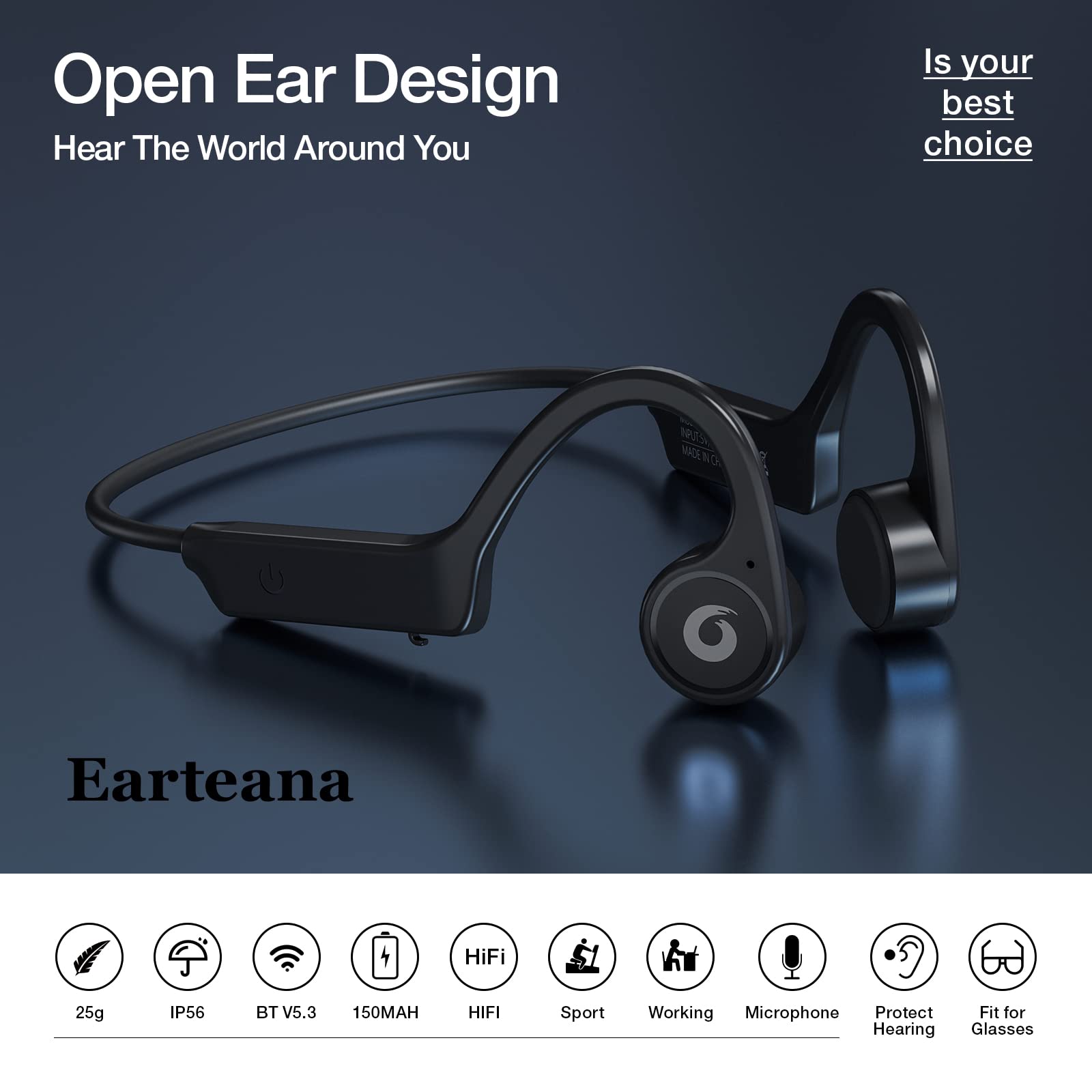 Foto 3 pulgar | Audífonos de Conducción Ósea Earteana Open-Ear Bluetooth Negros - Venta Internacional