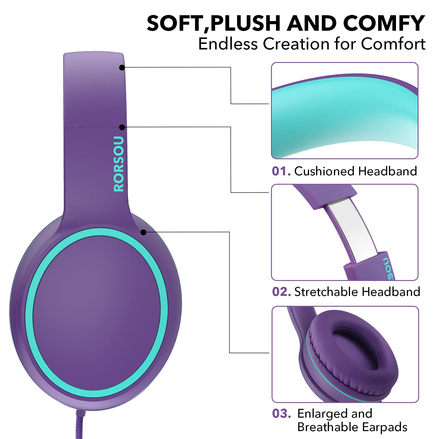 Foto 5 pulgar | Auriculares Supraaurales Rorsou R10 con Micrófono Morados - Venta Internacional