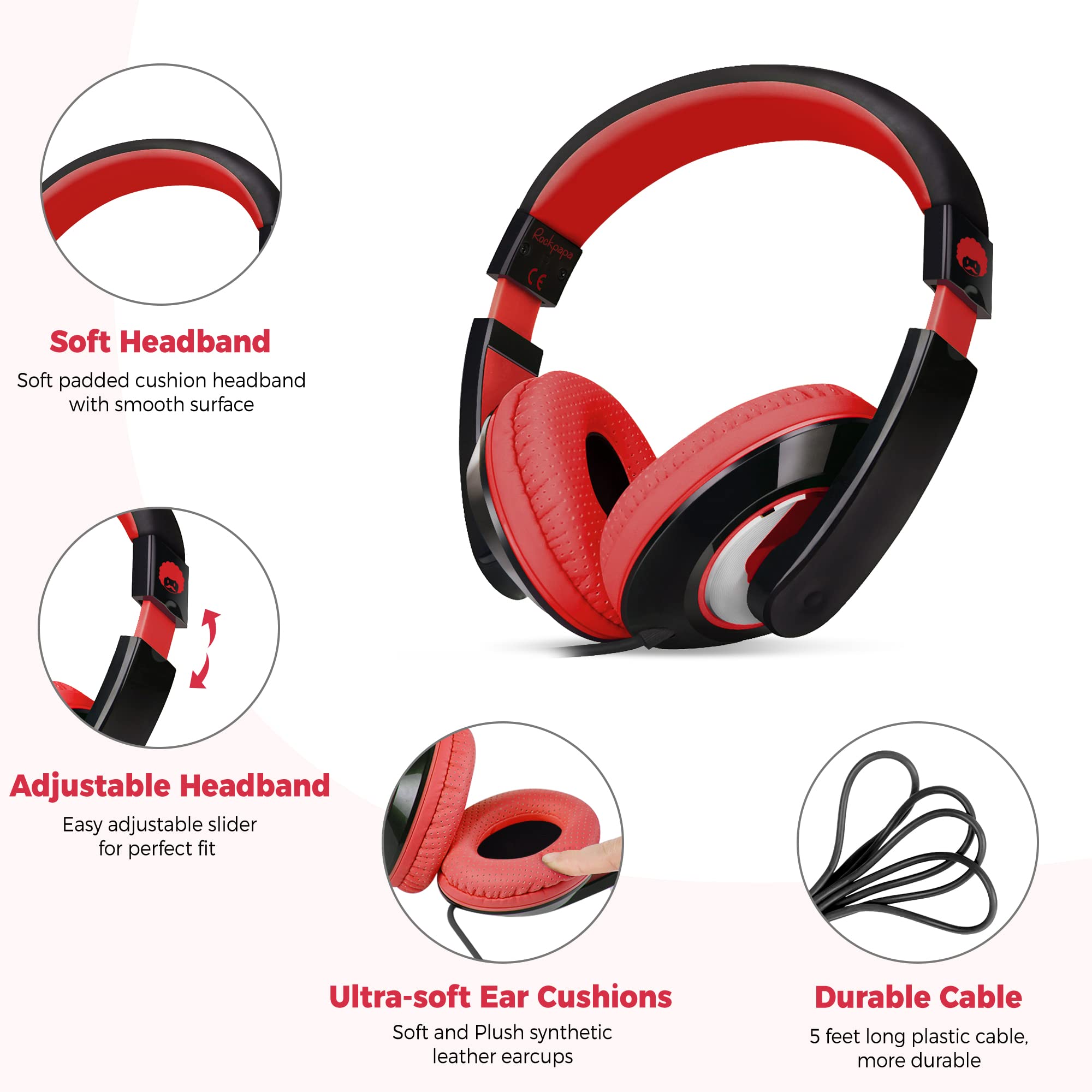 Foto 3 pulgar | Auriculares para Colocar Sobre Las Orejas Rockpapa Comfort Kids Para Uso Escolar Color Negro Y Rojo - Venta Internacion