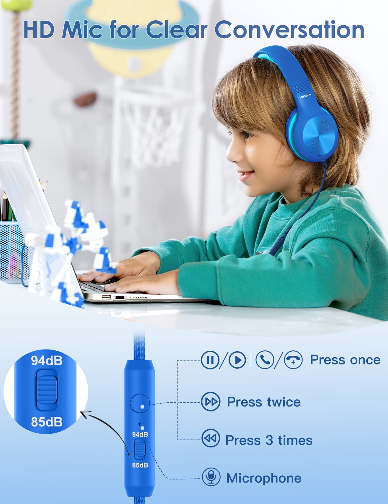 Foto 5 pulgar | Auriculares Supraaurales Nabevi Kids Con Micrófono Con Límite De Volumen De 85/94 Db - Venta Internacional.