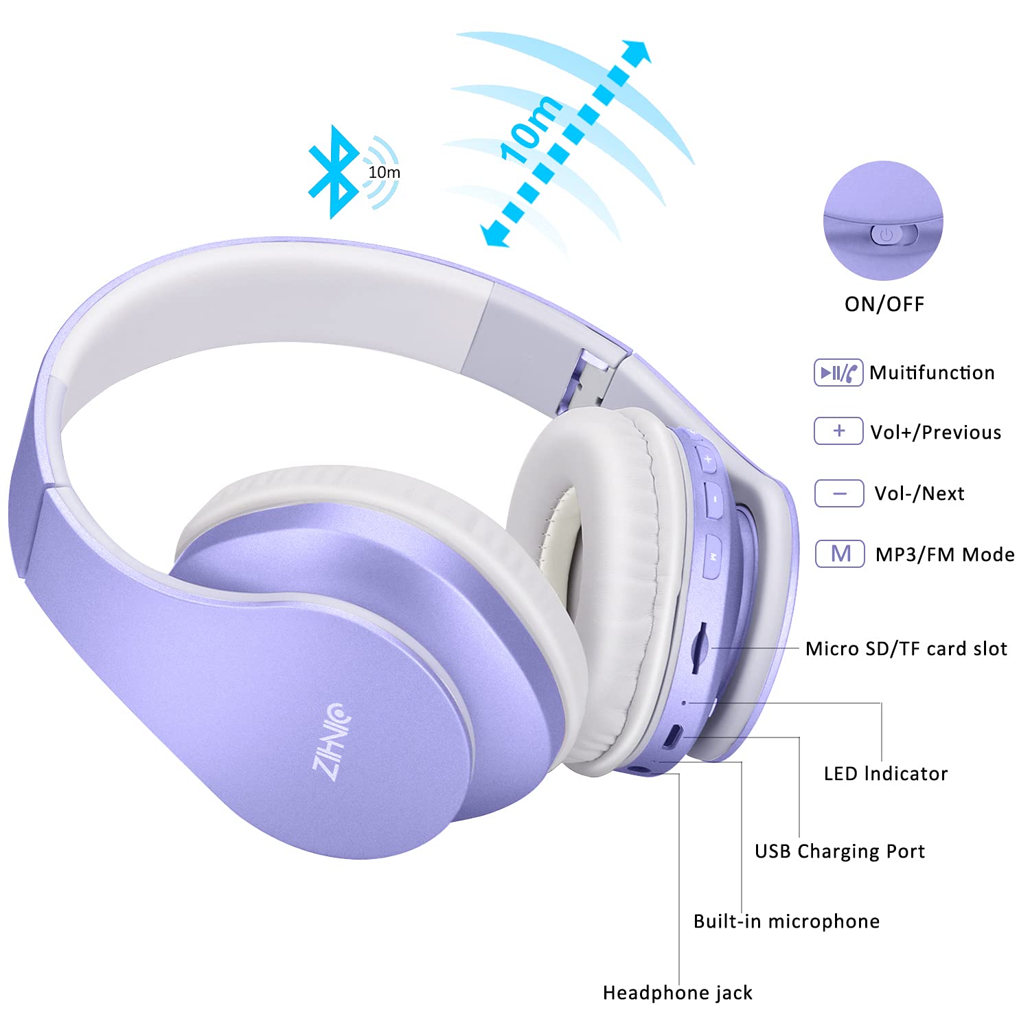 Foto 3 pulgar | Auriculares Bluetooth Zihnic Para Colocar Sobre Las Orejas, Plegables, Inalámbricos, Morados - Venta Internacional.