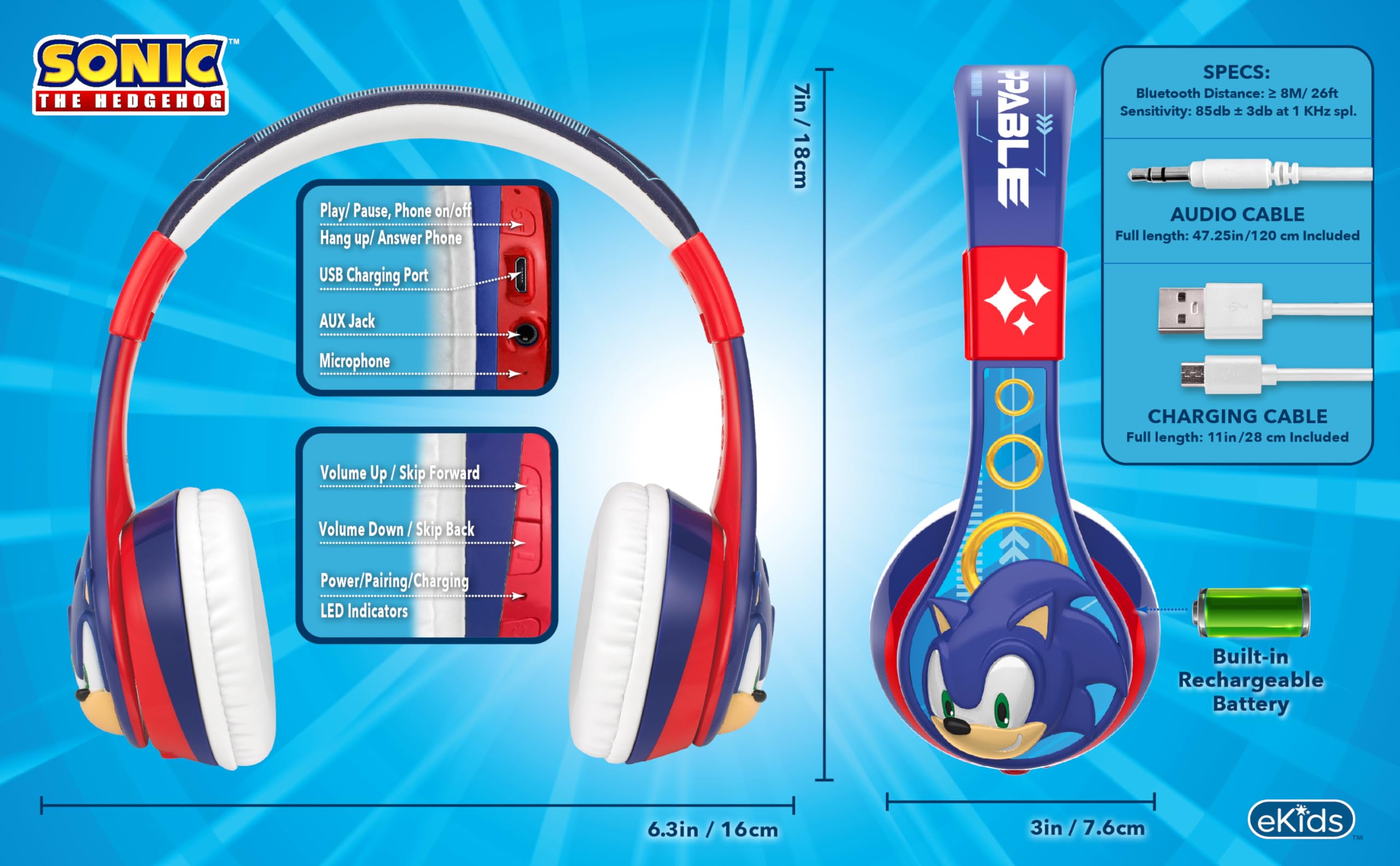 Foto 6 | Auriculares Bluetooth Ekids Sonic The Hedgehog Para Niños - Venta Internacional.