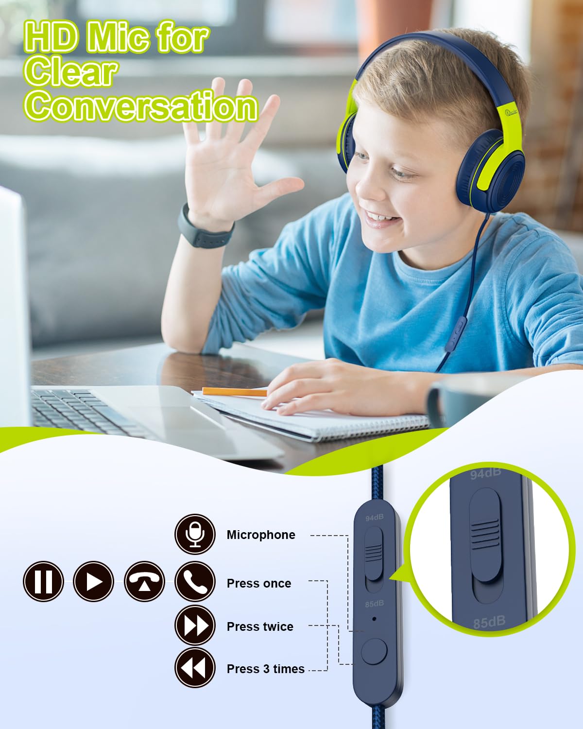 Foto 4 pulgar | Auriculares Elecder S8 Con Cable Para Niños Con Micrófono Azul Marino/verde - Venta Internacional.