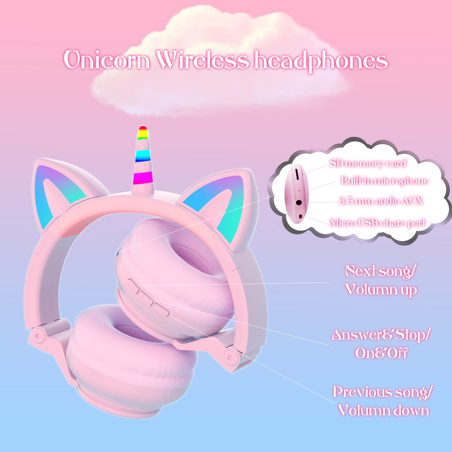 Foto 3 pulgar | Auriculares Yusonic Unicorn Kids Bluetooth Plegables Morados - Venta Internacional.