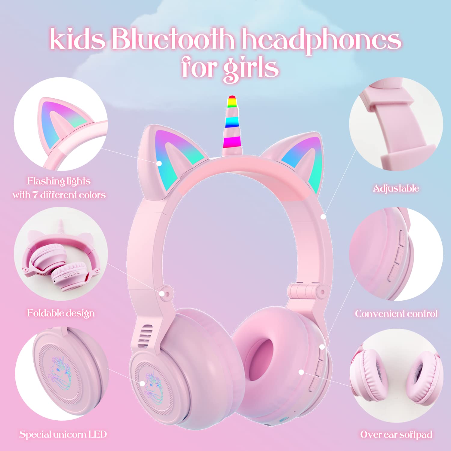 Foto 5 pulgar | Auriculares Yusonic Unicorn Kids Bluetooth Plegables Morados - Venta Internacional.