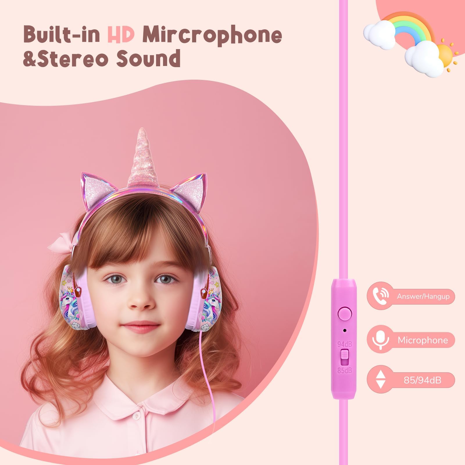 Foto 4 pulgar | Auriculares Tcjj Unicorn Para Niñas Con Micrófono Y Conector De 3,5 Mm, Color Rosa - Venta Internacional.