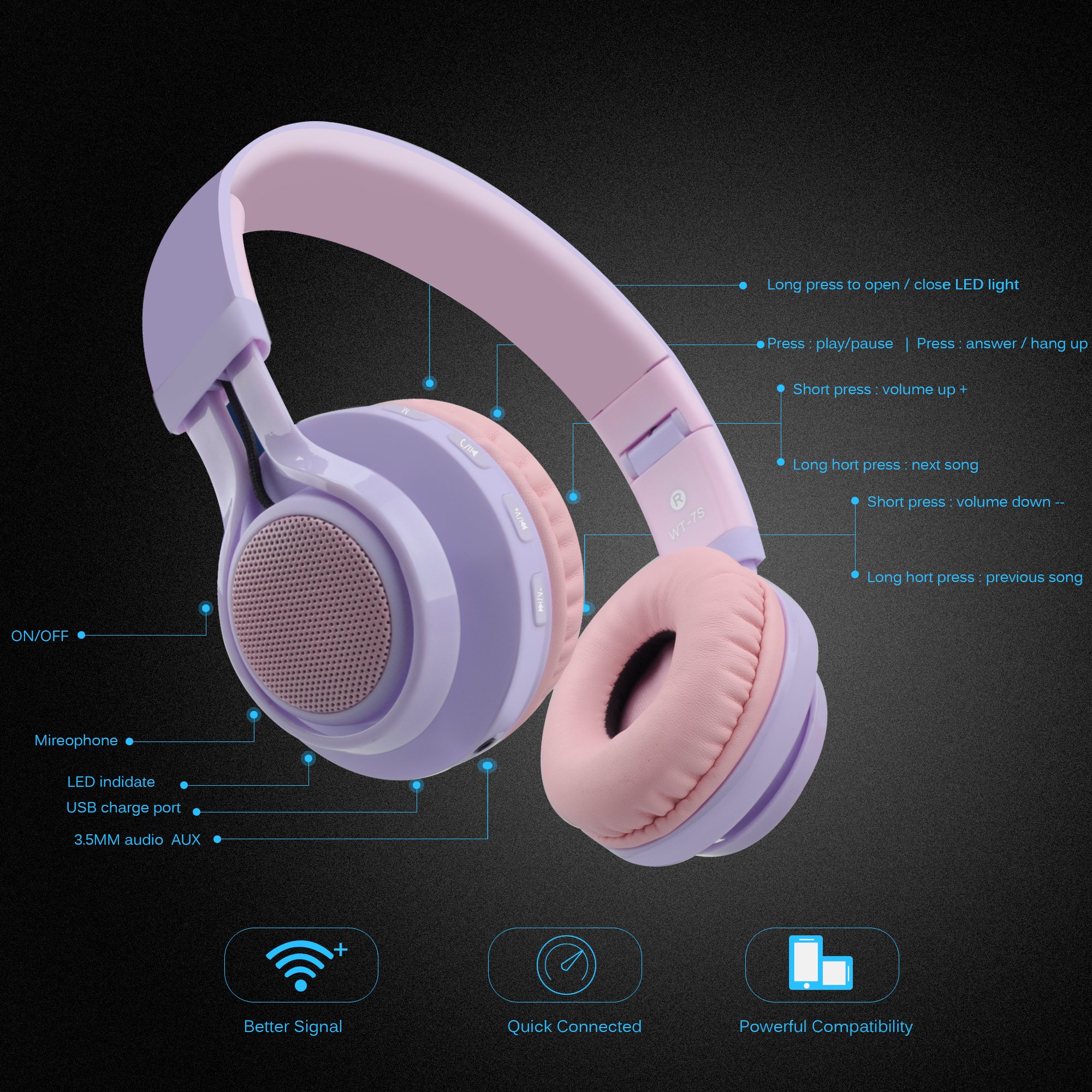 Foto 3 | Auriculares Bluetooth Riwbox Wt-7s Para Niños Con Micrófono Y Luces Led - Venta Internacional.