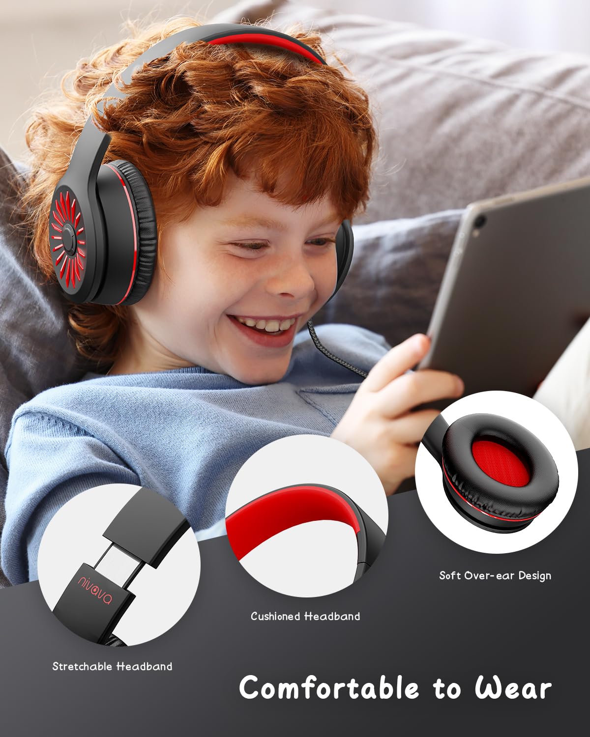 Foto 4 | Auriculares Nivava K16 Con Cable Con Micrófono Para Niños, Negro Y Rojo - Venta Internacional.