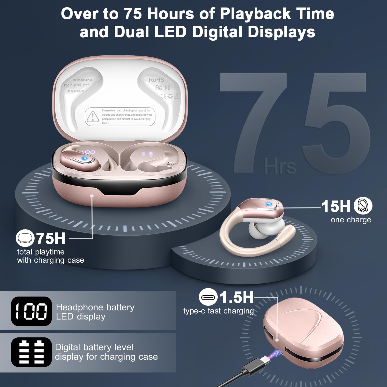 Foto 5 pulgar | Auricular Inalámbrico Ltinist 75h Bluetooth 5.3 Sport Ip7 Rosegold - Venta Internacional.