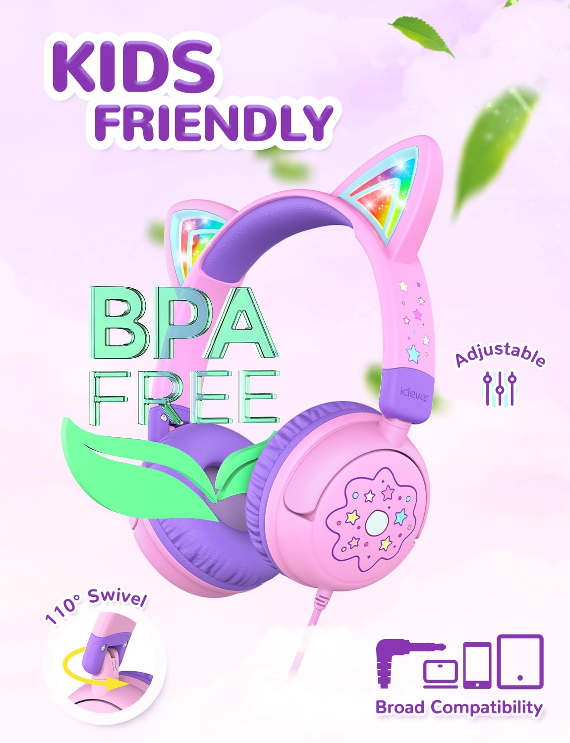 Foto 4 | Auriculares Iclever Cat Ear Para Niños Con Iluminación Led Estéreo, Color Rosa - Venta Internacional.