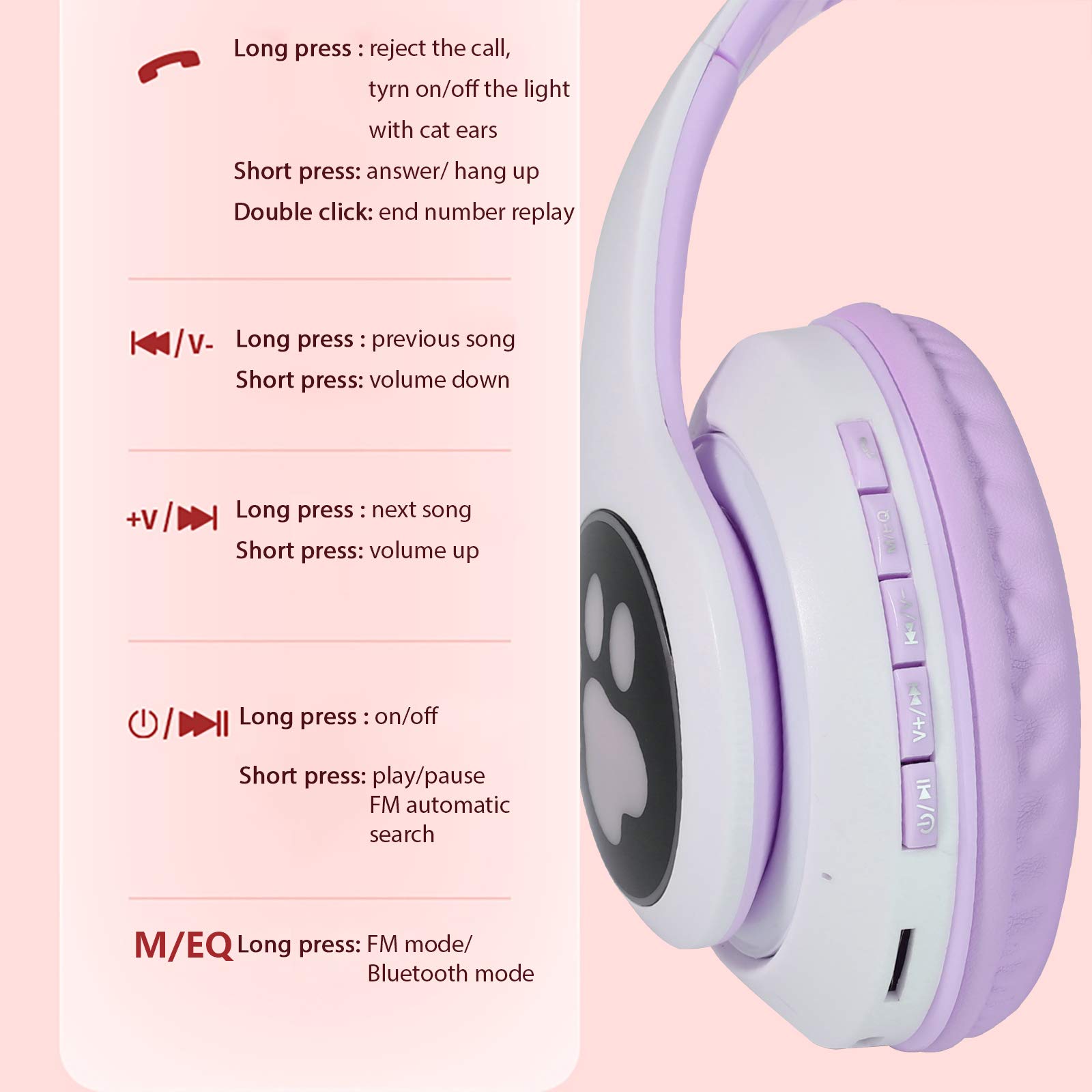 Foto 6 pulgar | Auriculares Inalámbricos Tcjj Cat Ear Led Bluetooth Con Micrófono Morado - Venta Internacional.
